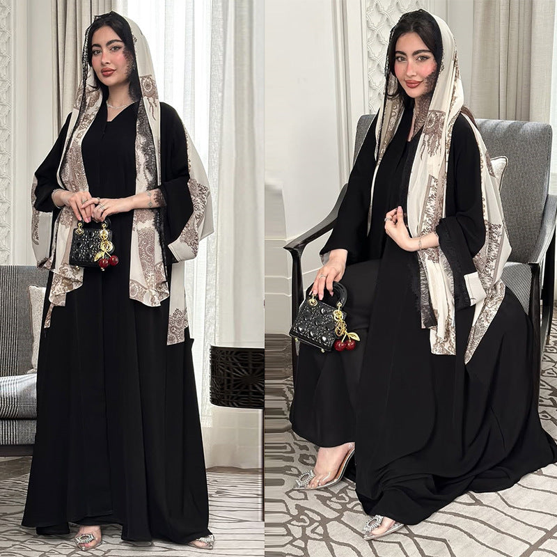 Black Floral Lace Patchwork Ice Silk Crinkle Maxi Cardigan Cape - One Size