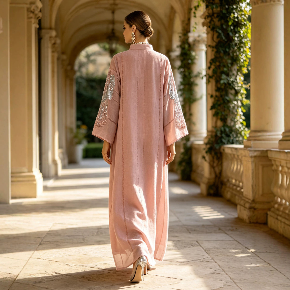 Pink Navy Apricot 2026 Sequin Applique Embroidered Long Gown Banquet Maxi Dress Modest Muslim Jalabiya