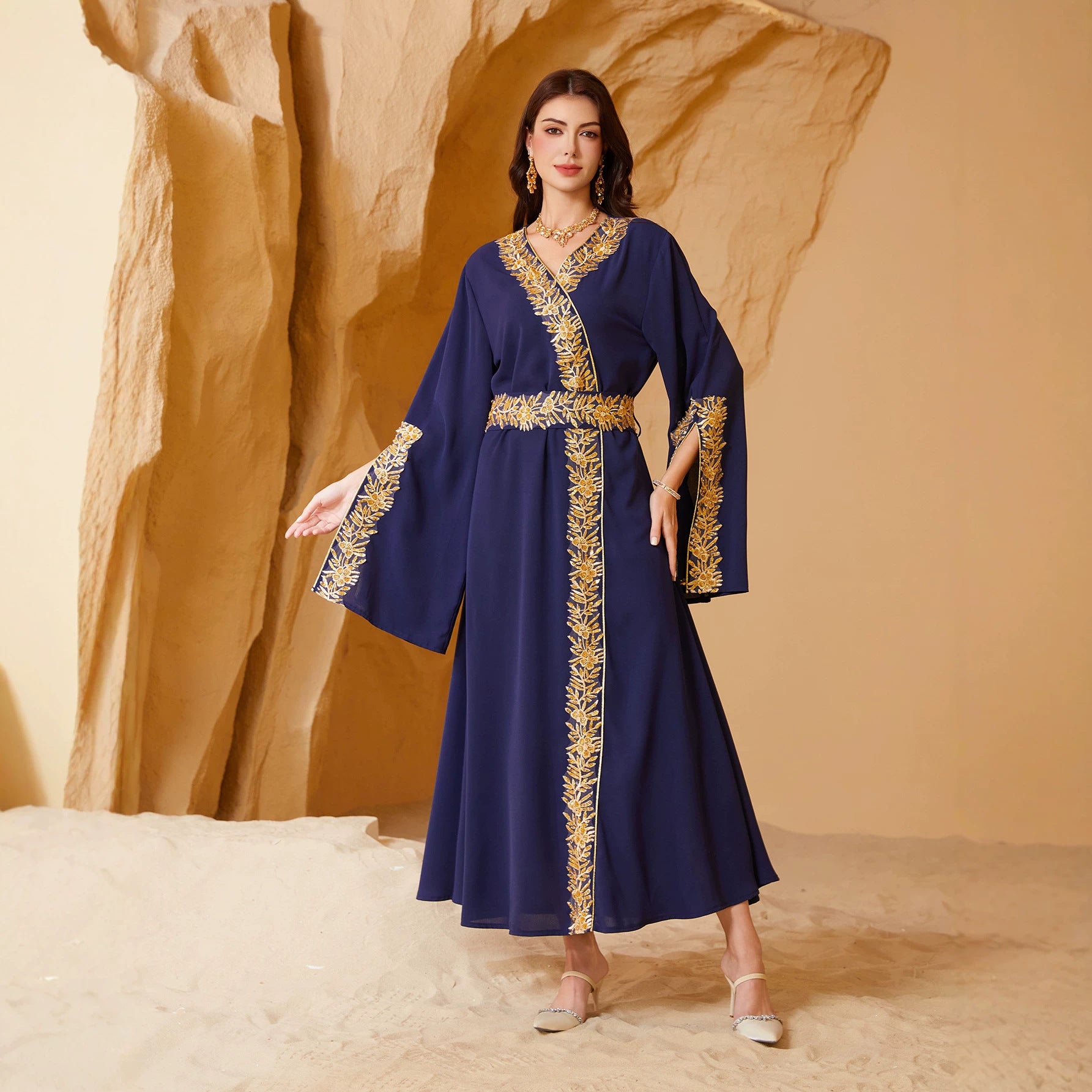 Smooth Crepe Wrap V Neck Continuous Hand Stitched Golden Foliage Border Embroidery Self-Fabric Cinch Belt Oversized Flared Bell Cuffs Floor-Sweeping A-Line Plus Inclusive Silhouette Qatari Omani Kuwaiti Ladies Modest Kaftan For Walima Wedding Gala If