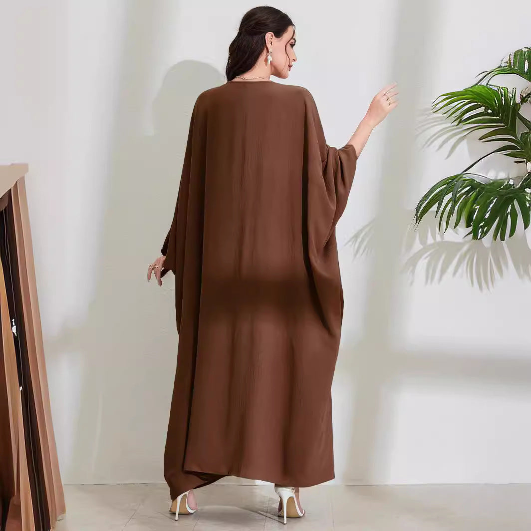 Embroidered Batwing Sleeve Tie-Waist Kaftan Dress Jalabiya Modest Long Maxi Dress for Muslim Women Eid Ramadan Daily Wear S-XXL