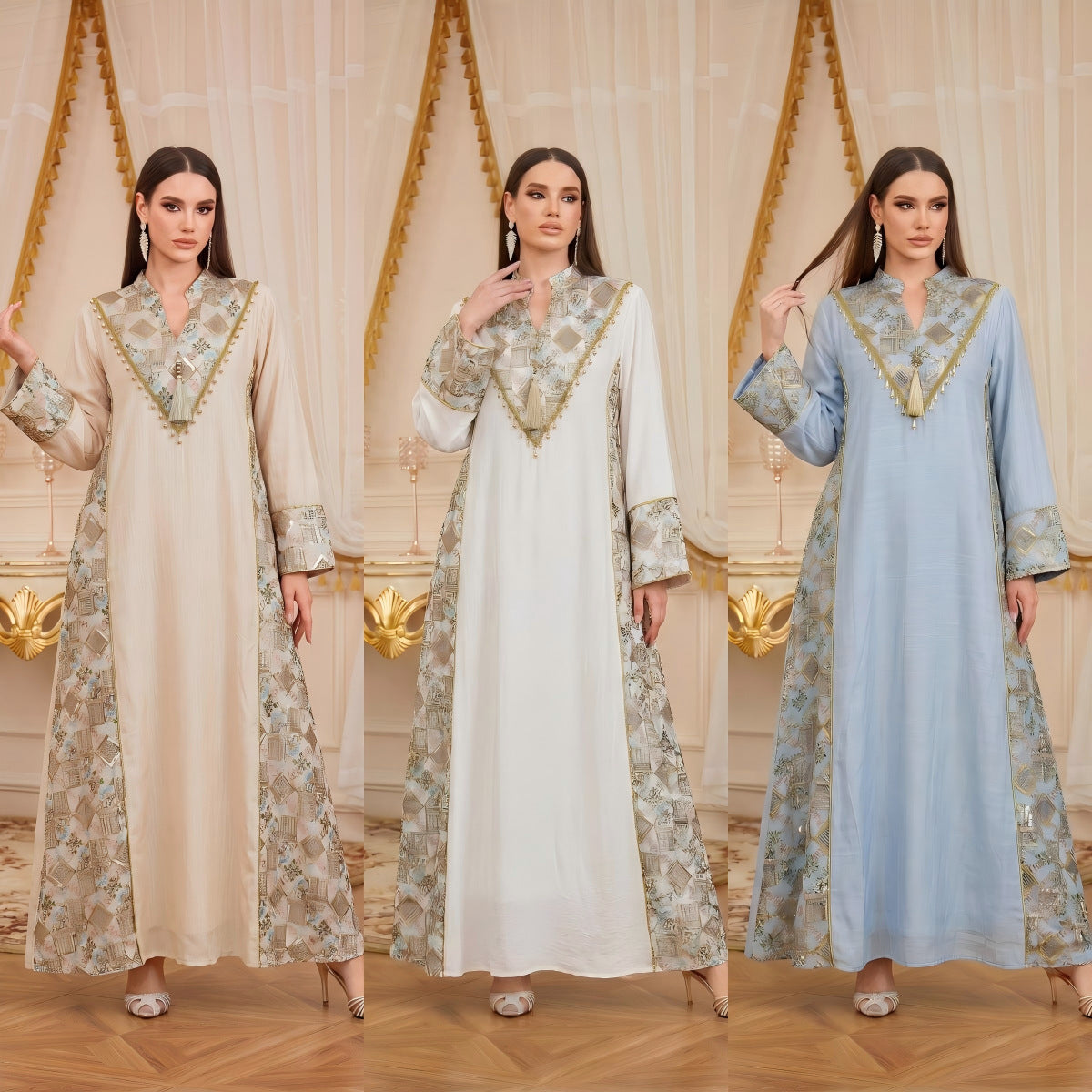 White Apricot Light Blue V-Neck Embroidered Pendant Evening Maxi Abaya