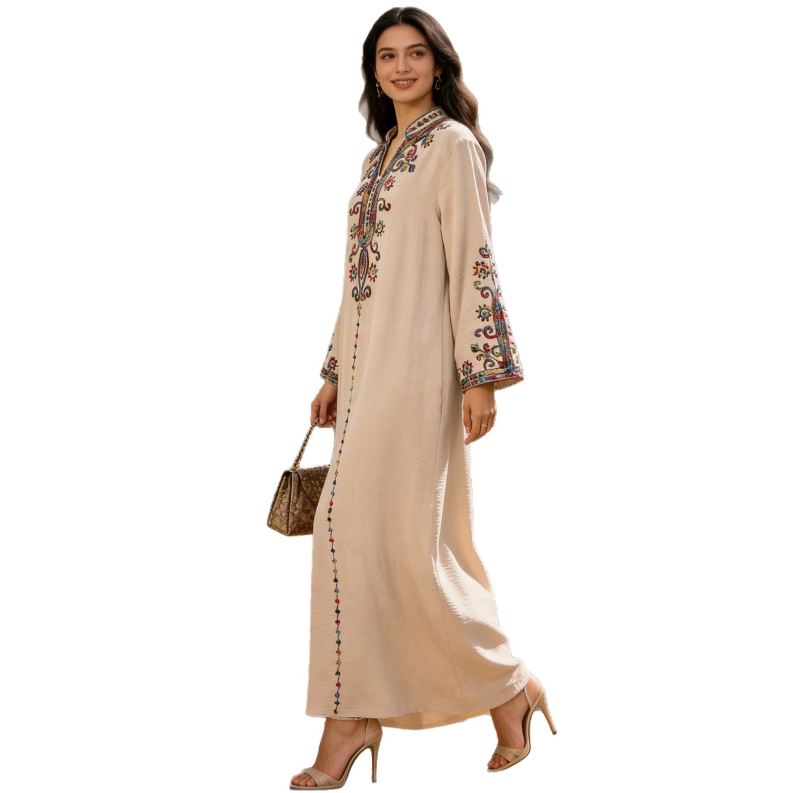 Stand Collar Heavy Embroidered Modest Abaya Jalabiya Long Maxi Dress for Muslim Women Ramadan Prayer Casual Wear S-XXL