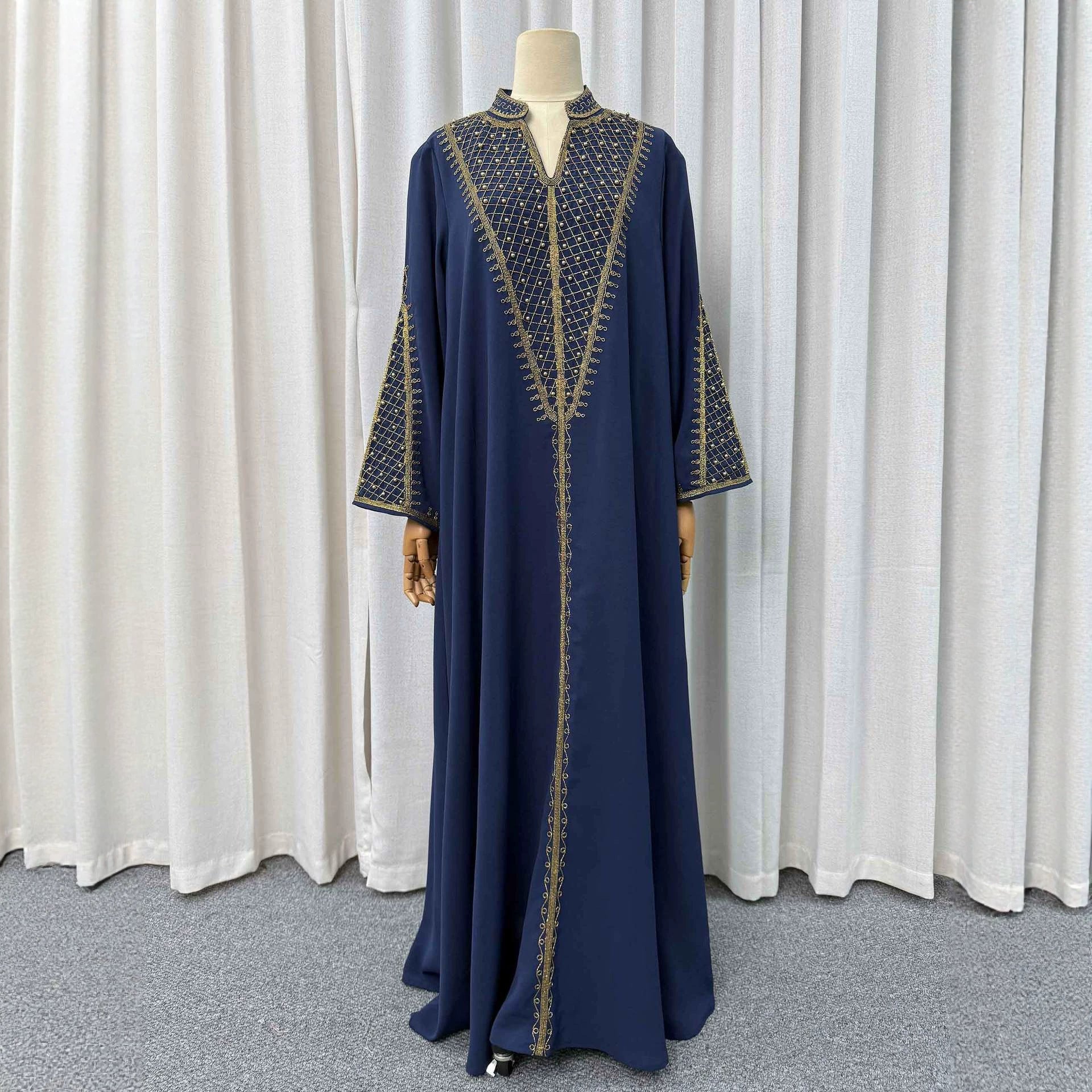 Sea Blue and Navy Heavy Gold Thread Embroidered Maxi Dress