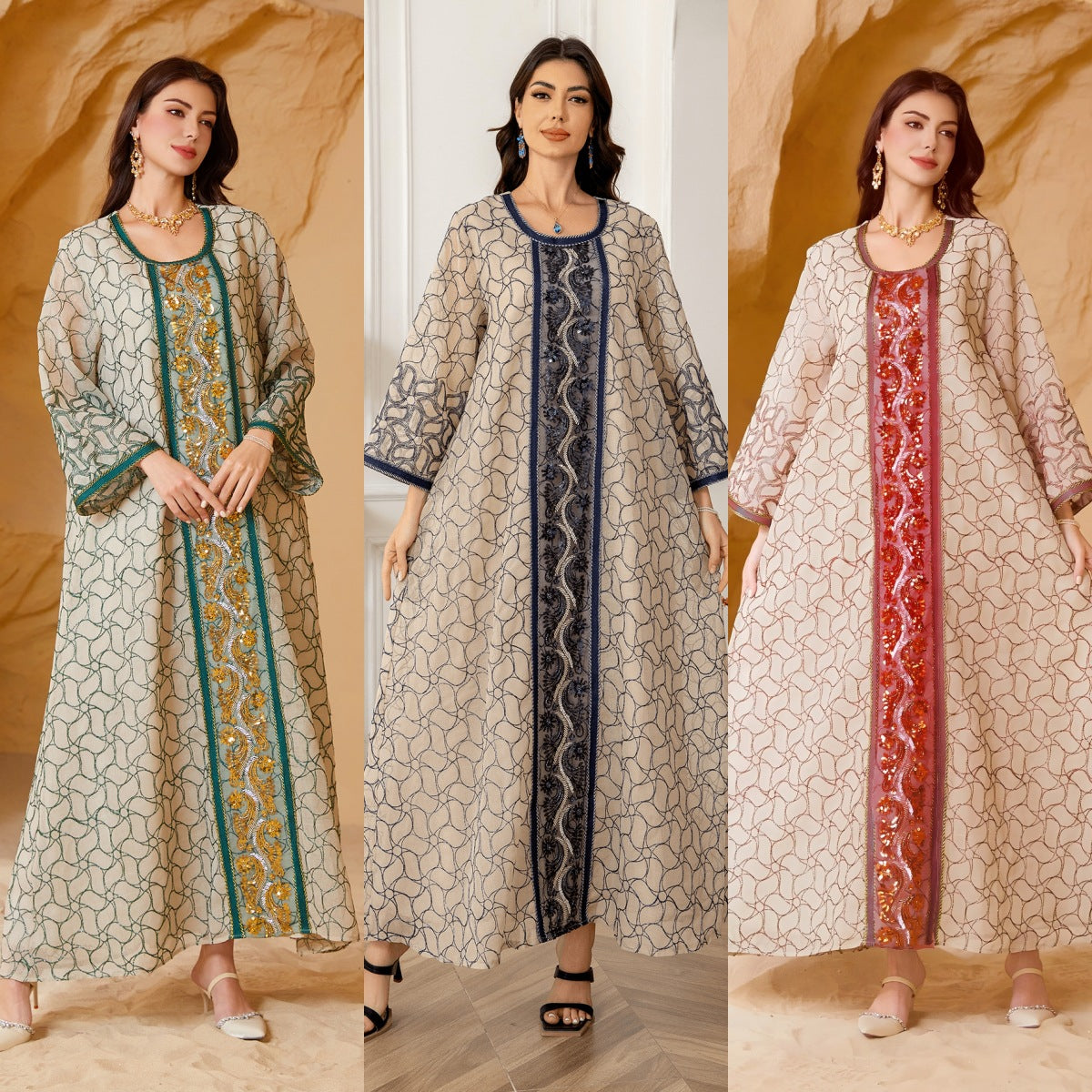 Gulf Islamic Modest Robe Three Tone Green Black Red Crack Jacquard Square Neck Luxury Vertical Sequin Embroidery Wide Bell Sleeve Plus Size Moroccan Caftan For Ladies Formal Evening Occasion