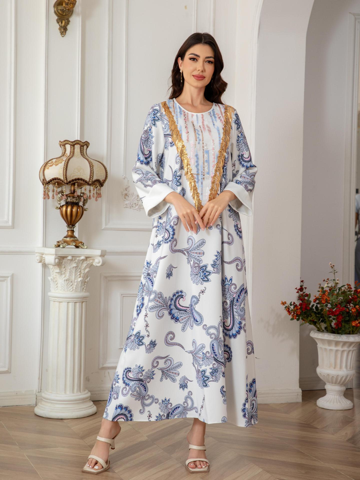 White Floral Print Evening Maxi Abaya Dress - Modest Long Sleeve Robe