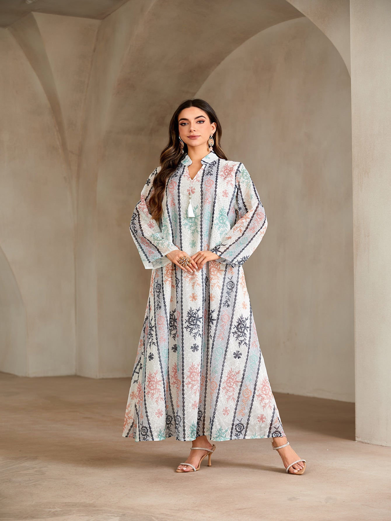 Luxury Floral Print Rhinestone Embellished Gown Jalabiya Modest Long Maxi Dress for Muslim Women Eid Ramadan S-XXL