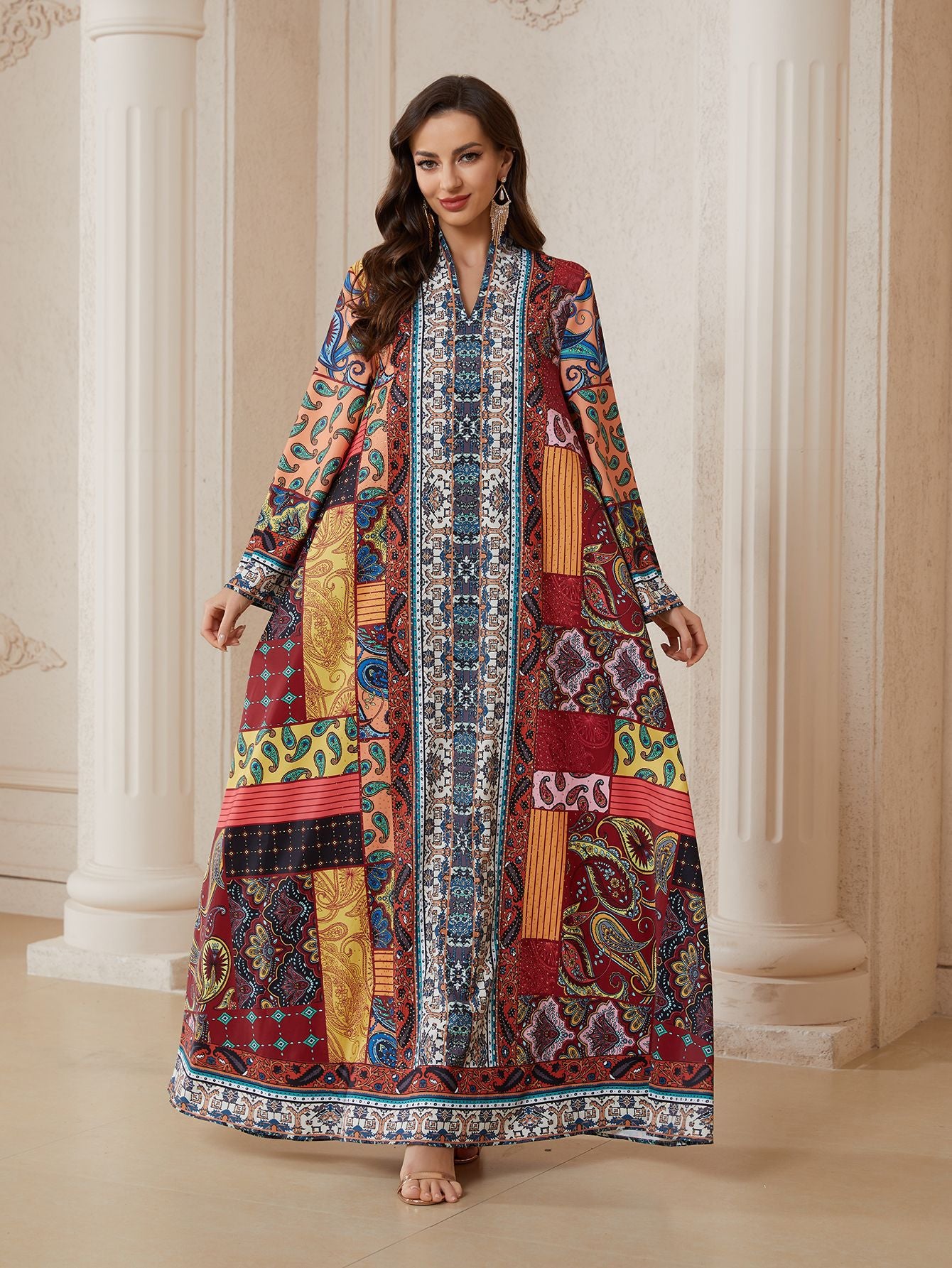 Floral Print Rhinestone Ethnic Abaya Robe - Modest Muslim Dress