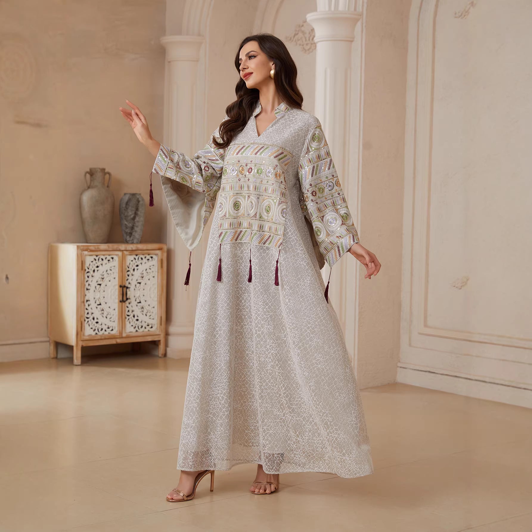 Women Off White Crack Textured Jacquard Heritage Geometric Embroidery Luxury Beaded Tassel Split Stand Collar Flare Sleeve Moroccan Caftan Loose Full Length Gulf Modest Maxi Robe For Eid Al Fitr Nikkah Wedding