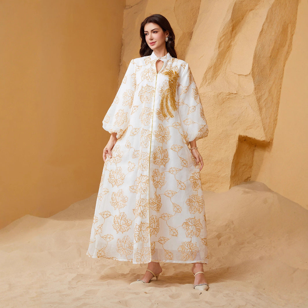 Luxury All Over Gold Print Middle East Kaftan Two Colors Stand Collar Lantern Sleeve Modest Ramadan Maxi Dress
