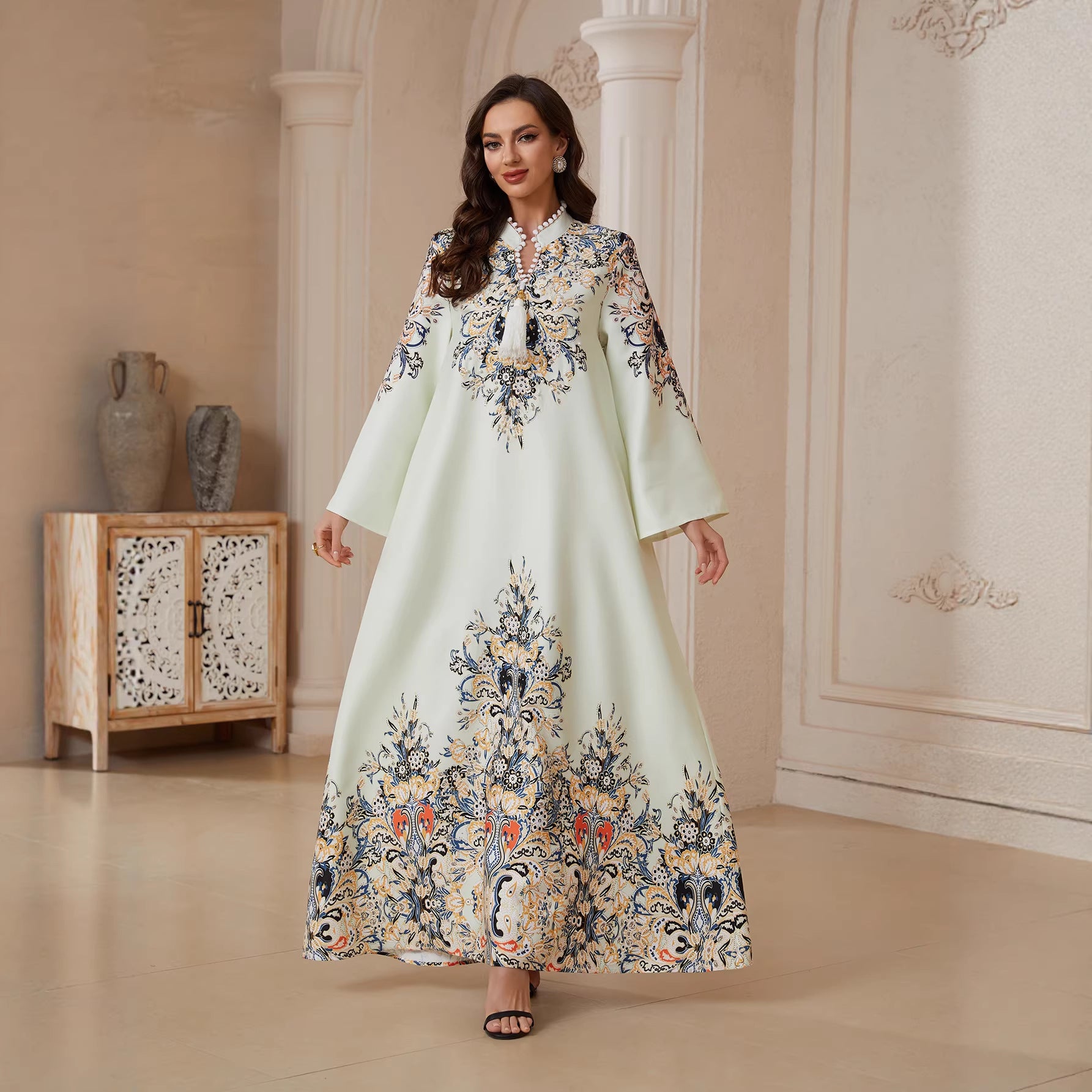 Modest Light Yellow Tassel A-Line Kaftan Maxi Abaya Eid Ramadan