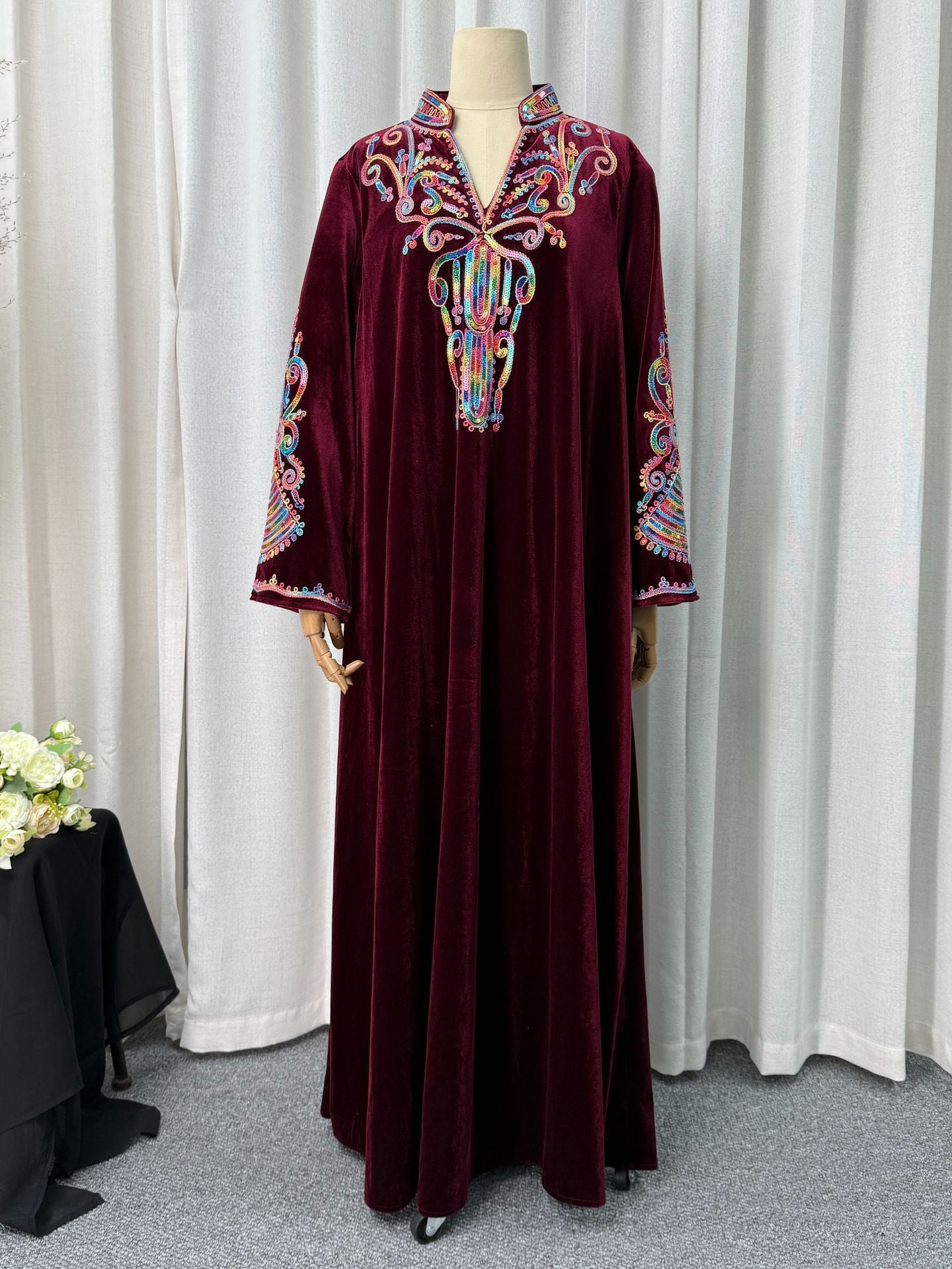 Two Color Embroidered Rhinestone Applique Stand Collar Maxi Dress