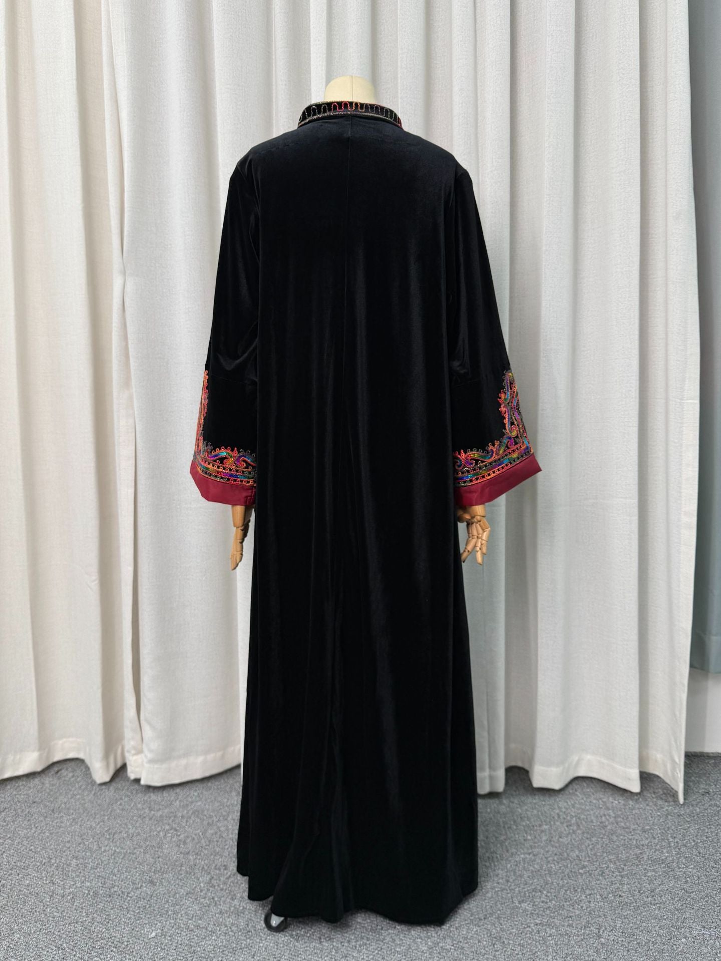 Navy and Black Ethnic Rhinestone Applique Embroidered Maxi Abaya Dress