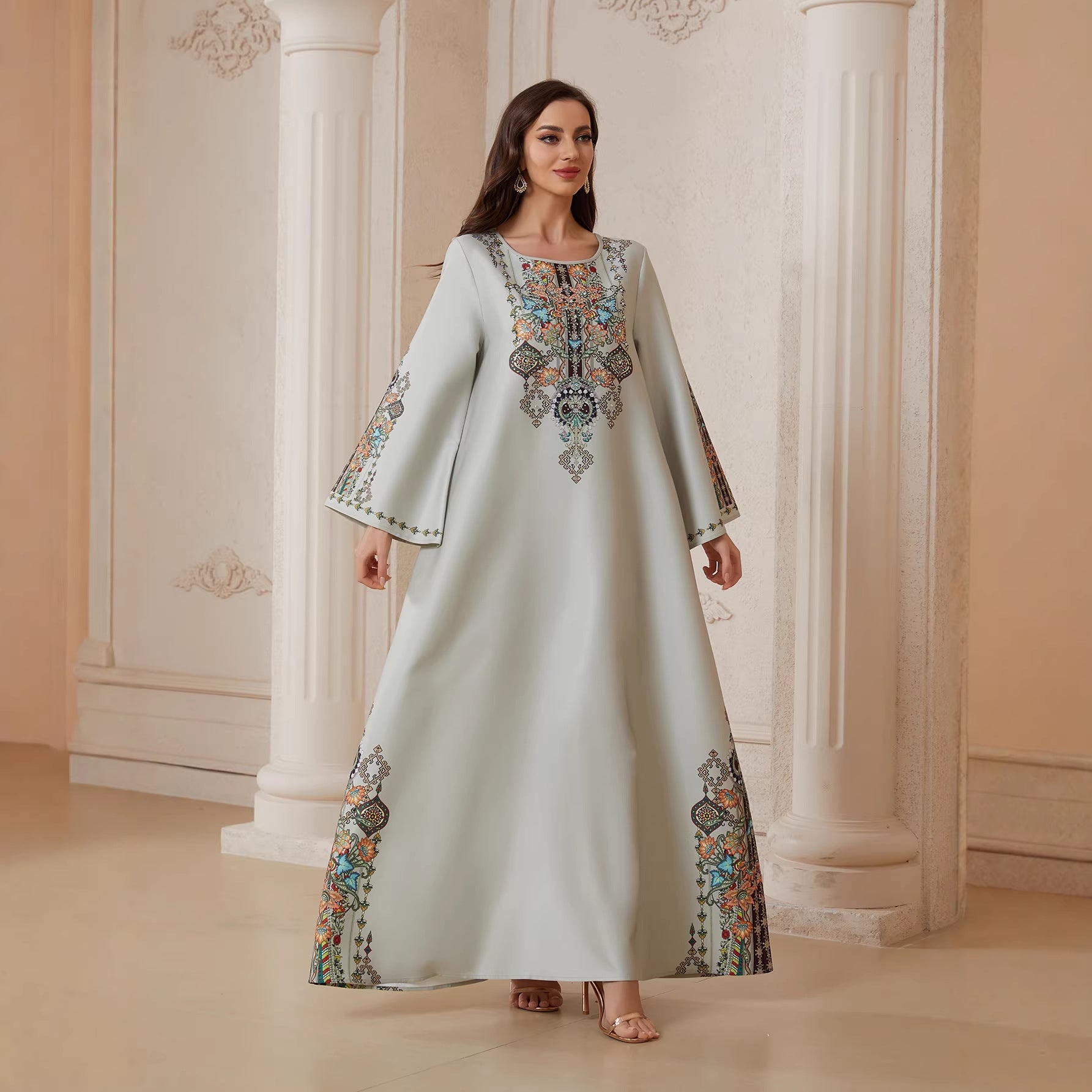 Pastel Light Grey Matte Crepe Long Kaftan Robe For Ladies Round Neck Long Sleeve With Symmetric Multi-Color Floral Embroidery Full Length Formal Modest Outfit