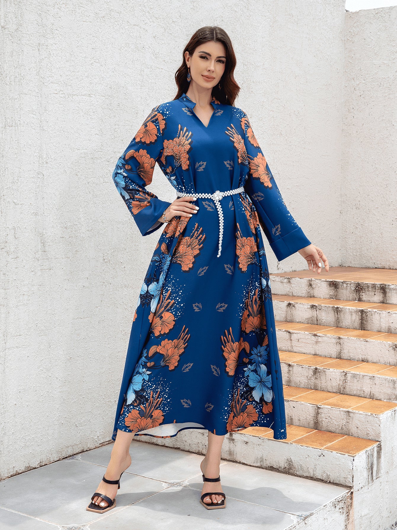 Navy Floral Print Pearl Belt Maxi Abaya Dress - Plus Size Modest
