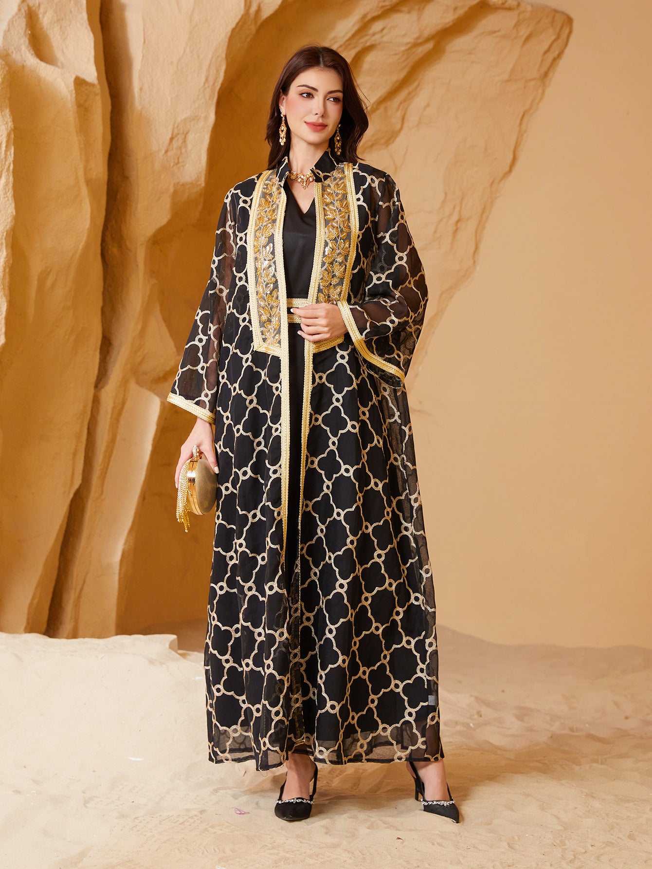 Women 2 Piece Black Gold Geometric Lattice Jacquard Sheer Lapel Collar Gold Floral Embroidery Open Kimono Outer Robe Belted Solid Black Inner Maxi Dress Gulf Luxury Layering Dubai Abaya Set For Eid Al Fitr Ramadan Nikkah Wedding Banquet