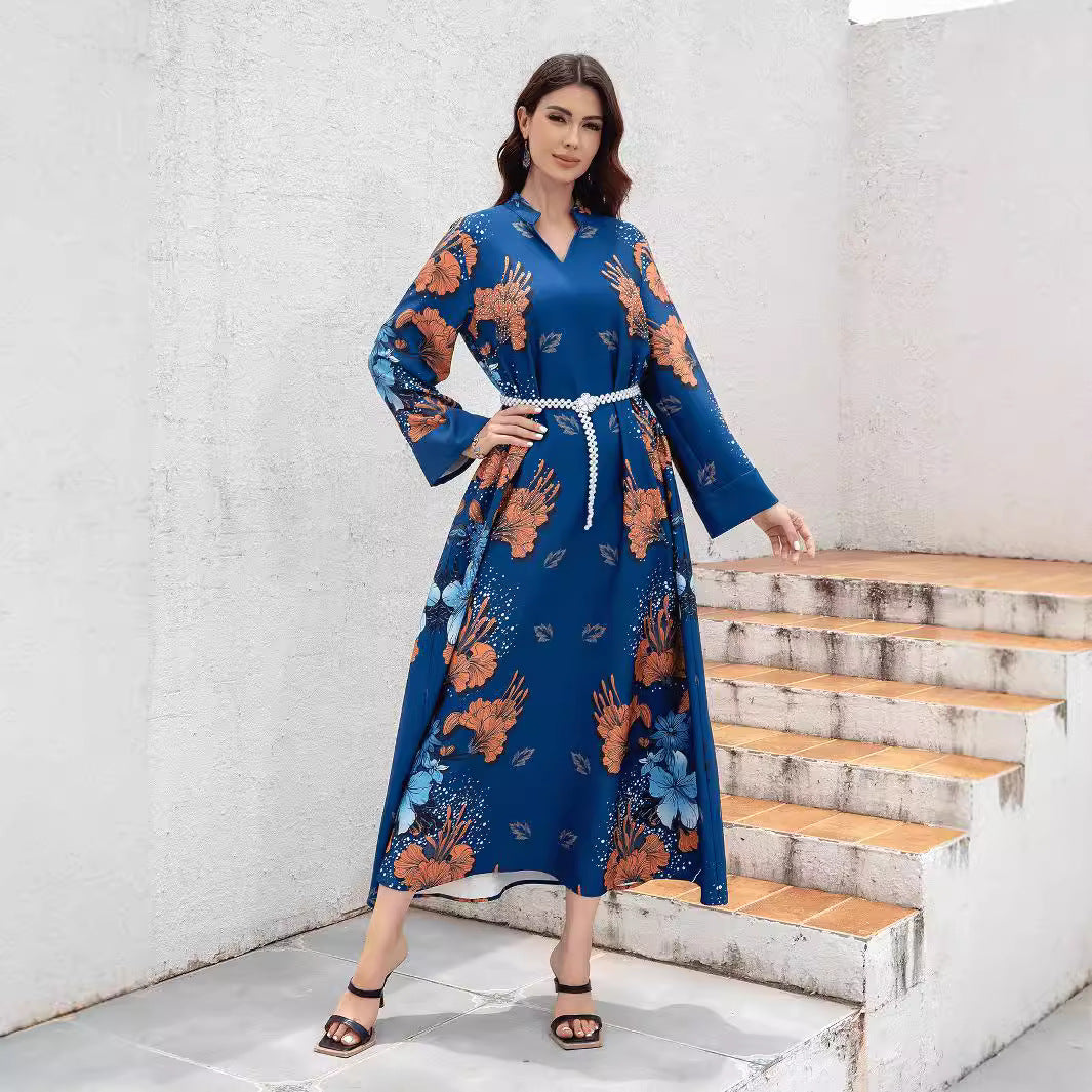 Navy Floral Print Pearl Belt Maxi Abaya Dress - Plus Size Modest