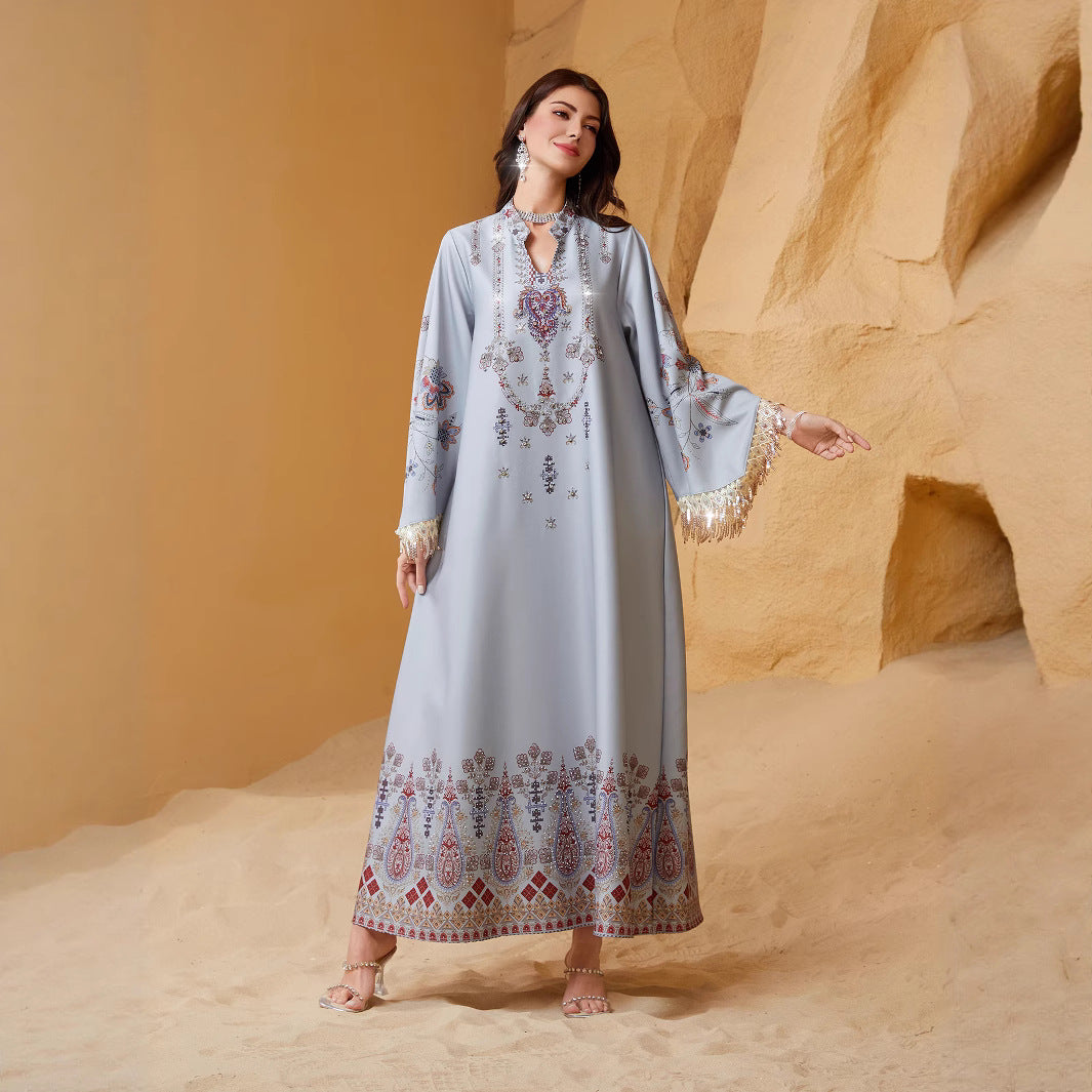 Refined Silver Grey V-Neck Tassel Evening Gown Maxi Abaya Ramadan