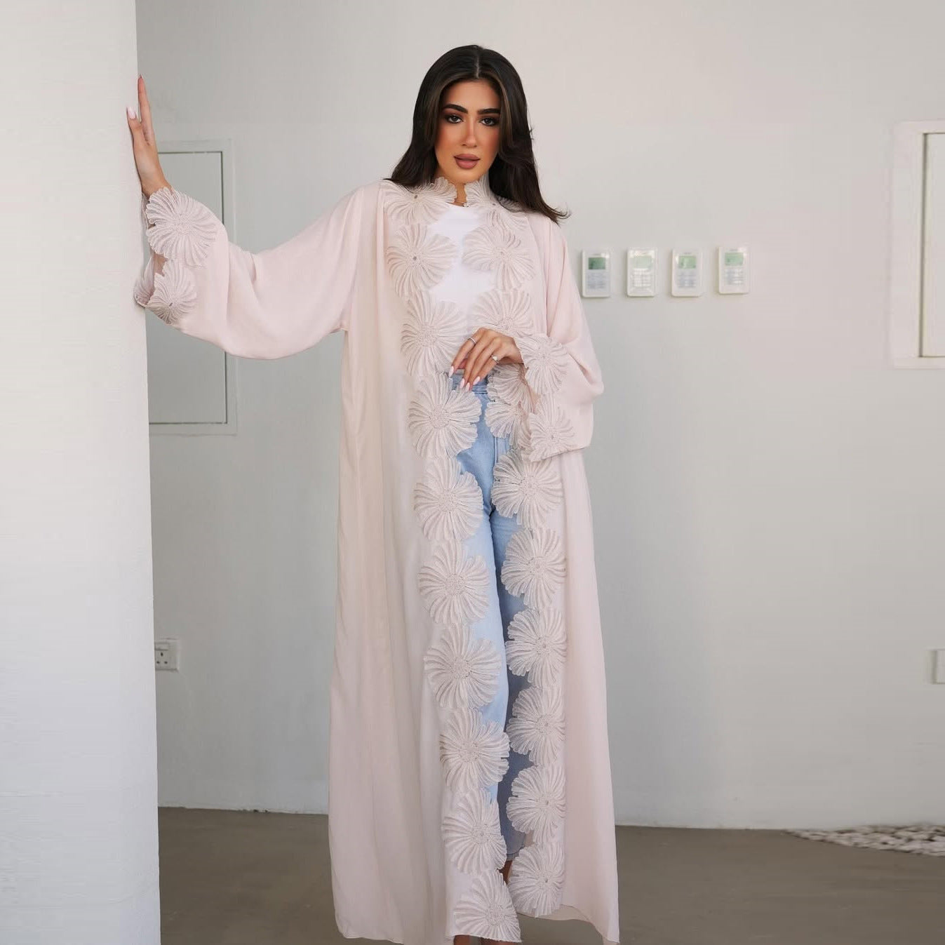 Pink Floral Applique Embellished Open Long Maxi Abaya Dress - Plus Size