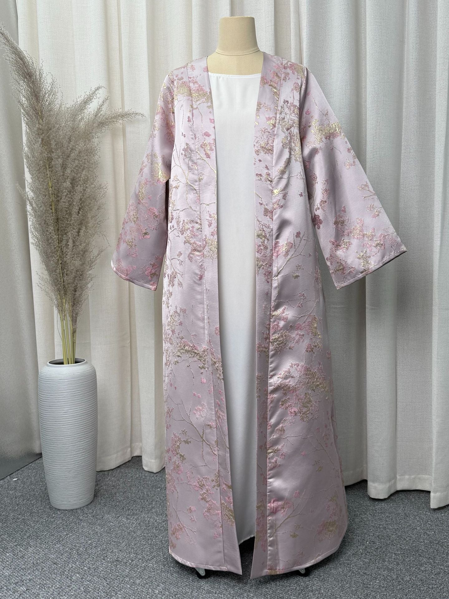 Pink Satin Gold Thread Embroidered Open Cardigan Maxi Abaya Dress Jalabiya Modest Long Dress for Eid Ramadan Festive Celebration S-XXL