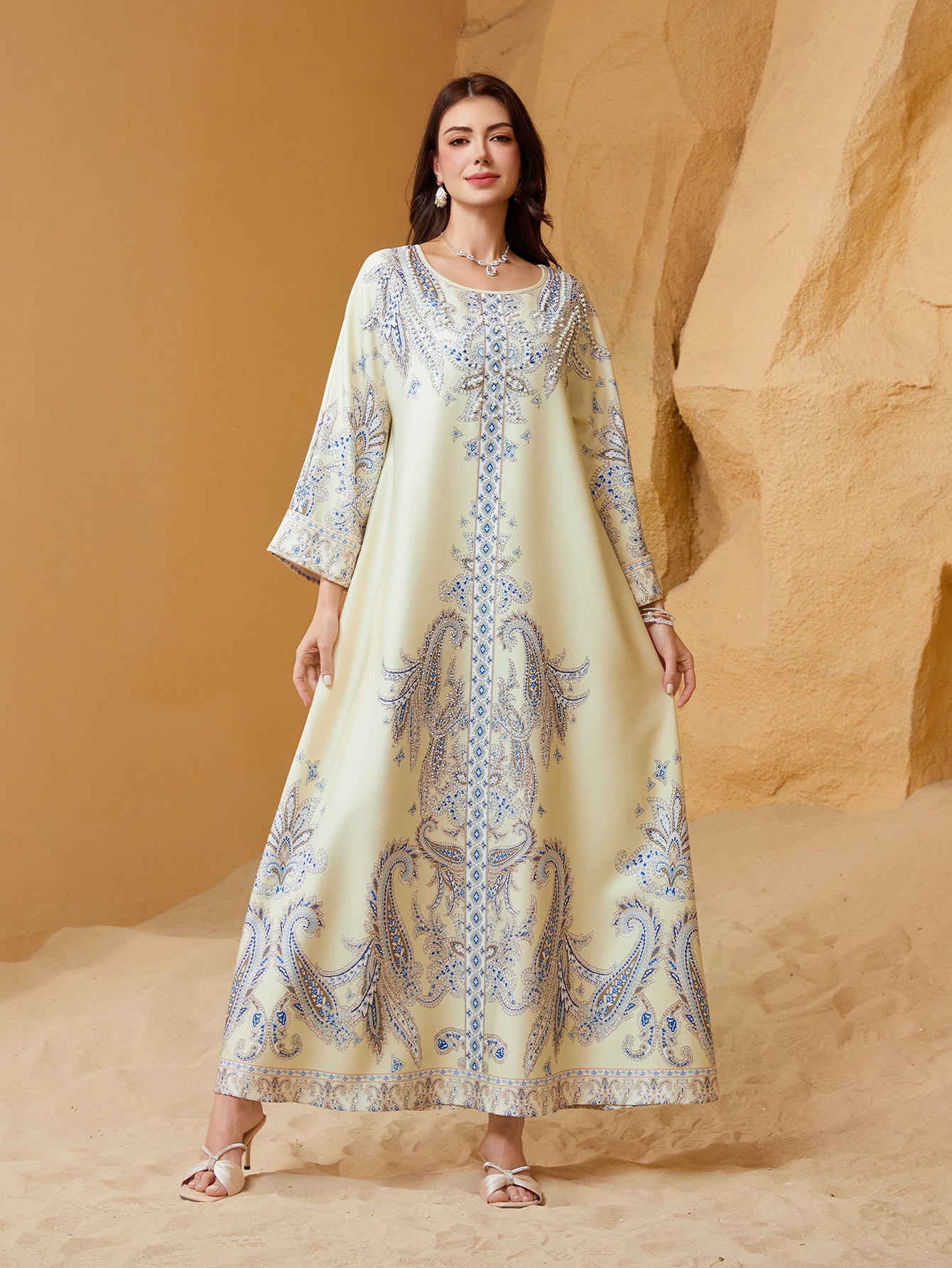 Light Blue and Yellow Rhinestone Beaded Round Neck Fitted Abaya Dress