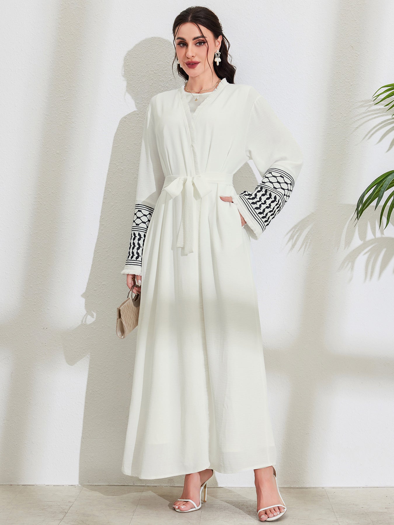 Elegant Embroidered Pocket Open-Front Cardigan Belted Abaya Maxi Dress Muslim Women Modest Long Jalabiya Kaftan for Eid
