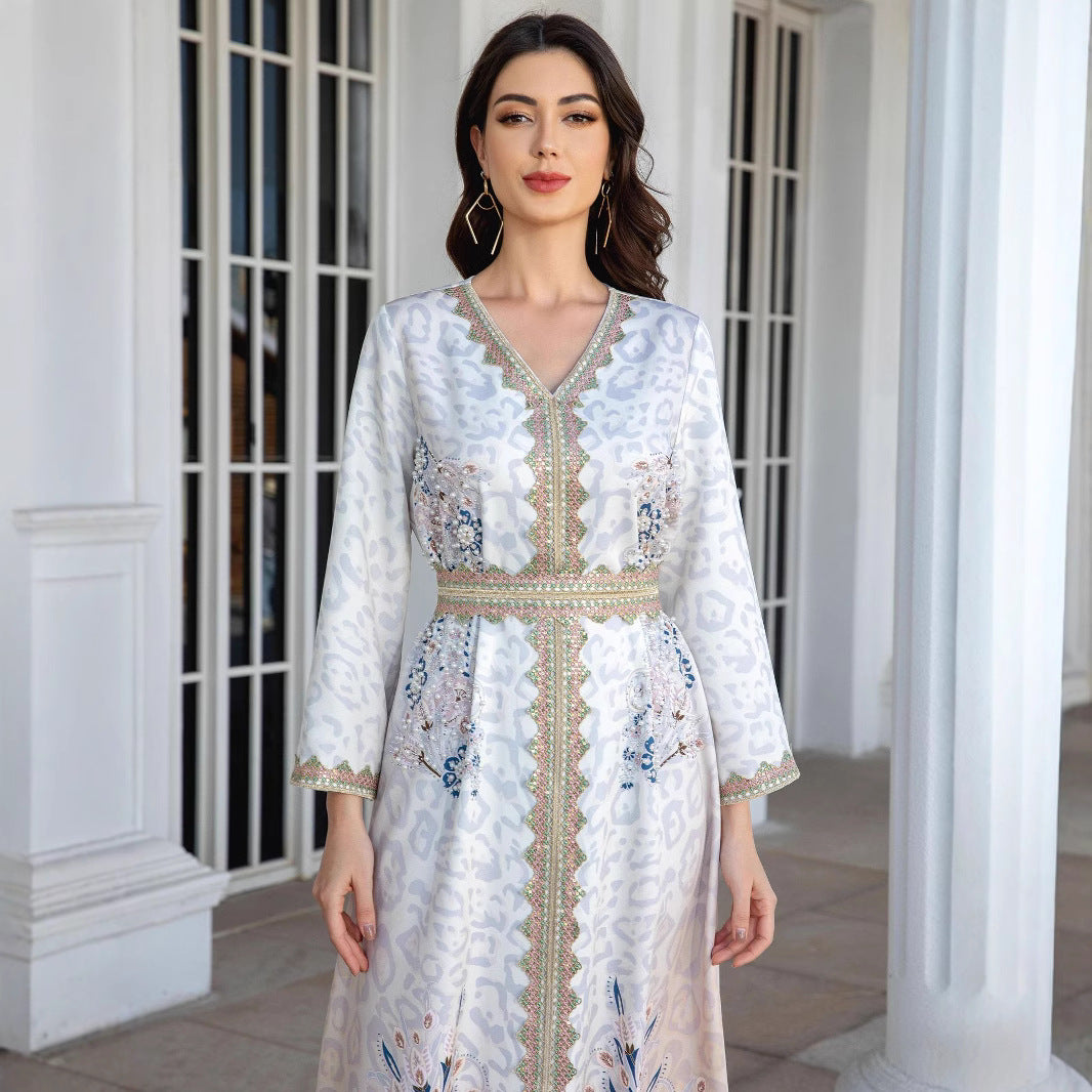 White Lace-Trim Beaded Abaya Robe - Modest Muslim Dress Women