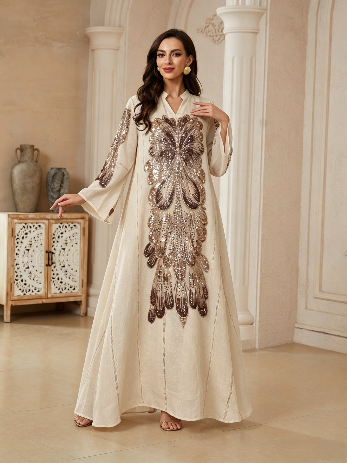 Peacock Feather Sequin Beaded Linen Abaya For Women Stand Split Collar Long Sleeve Dubai Luxury Muslim Kaftan Modest Maxi Dress For Eid Ramadan Wedding Party 3 Colors