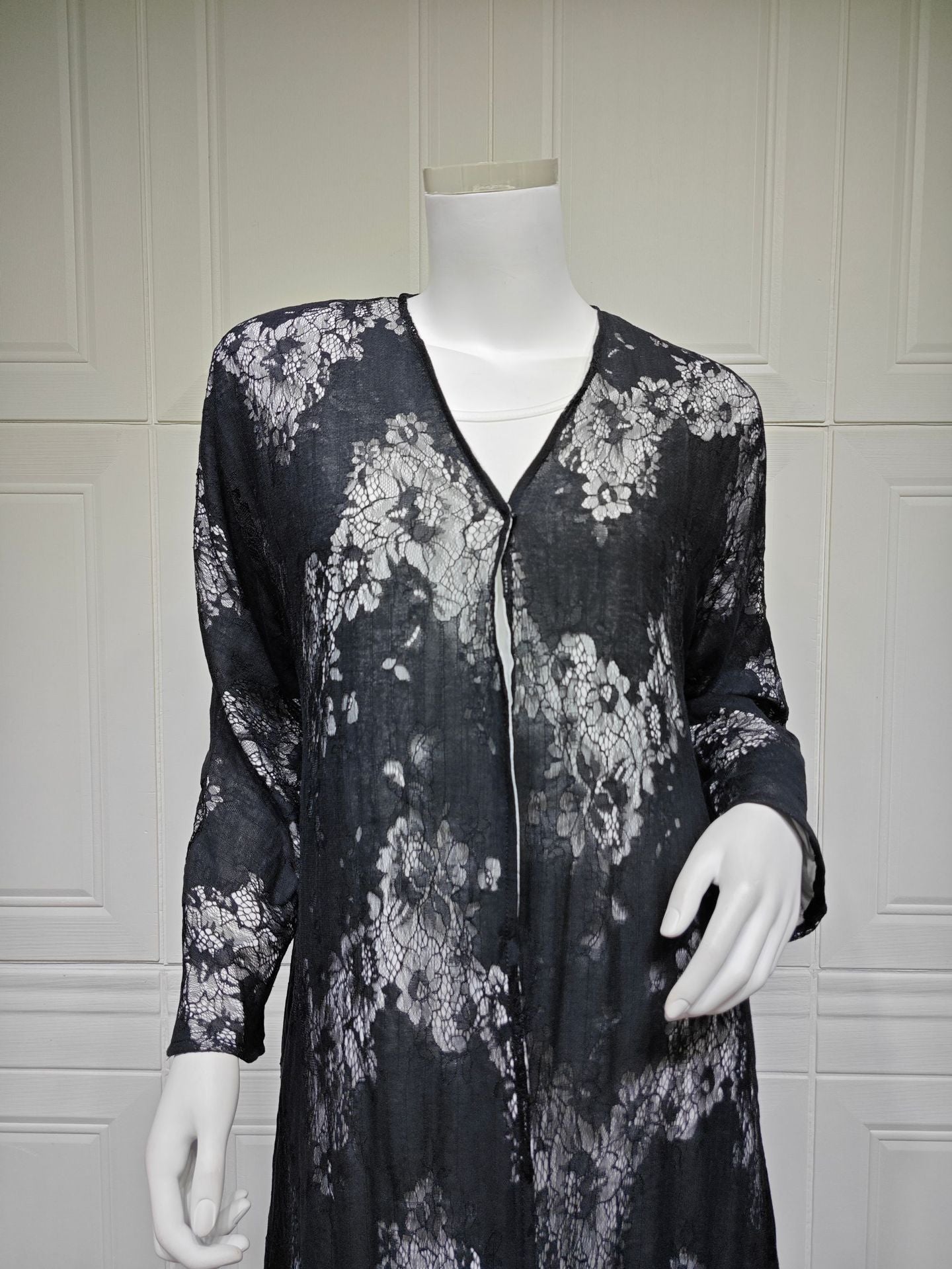 Black Lace Patchwork Lined Long Maxi Abaya - Modest Open Outerwear