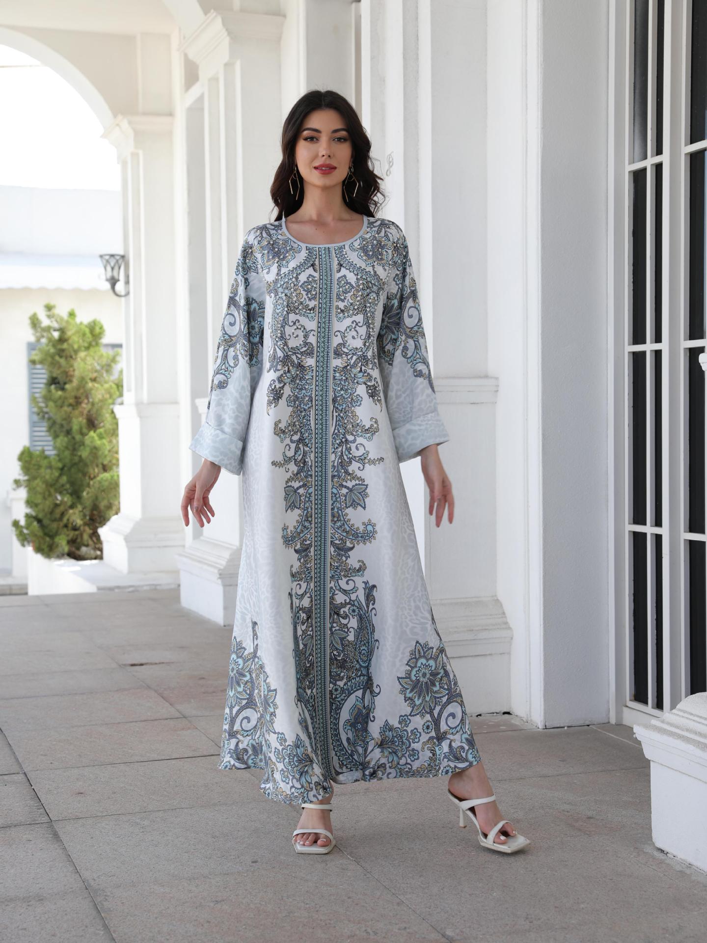 Grey Floral Print Mandarin Collar Rhinestone Plus Size Maxi Abaya