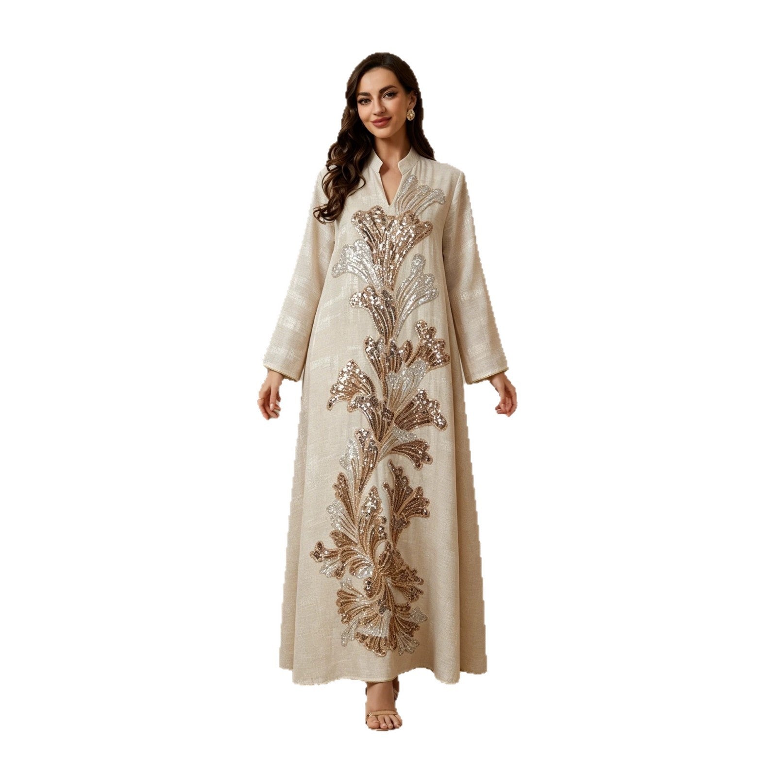Apricot Grey Lotus Sequin Embroidered Draped Plus Size Gown Jalabiya Modest Long Maxi Dress for Muslim Women Eid Ramadan