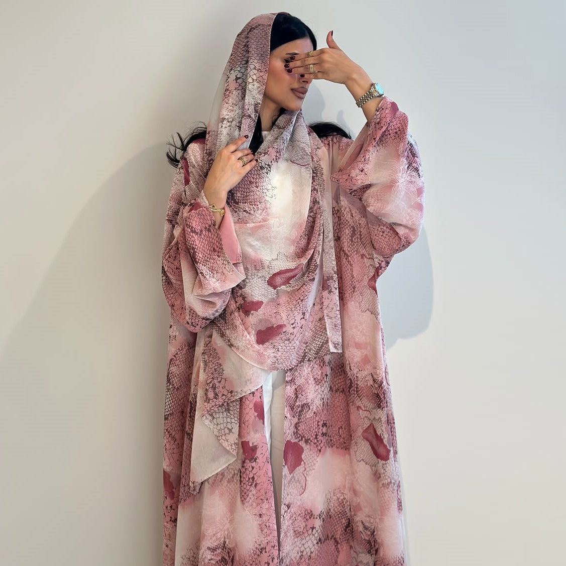 Pink Chiffon Floral Print Open Outerwear Maxi Dress with Hijab Two-Piece Set