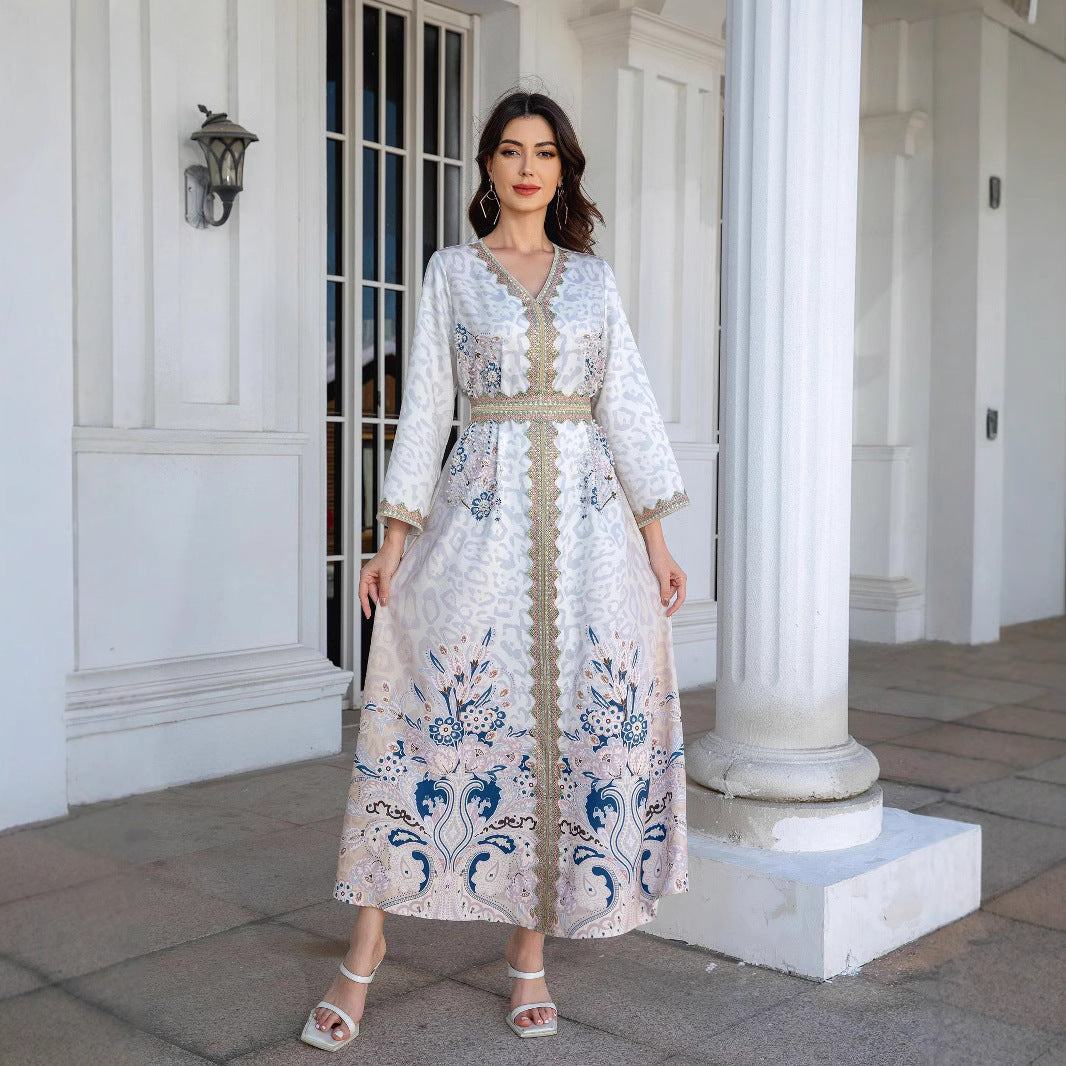 White Lace-Trim Beaded Abaya Robe - Modest Muslim Dress Women
