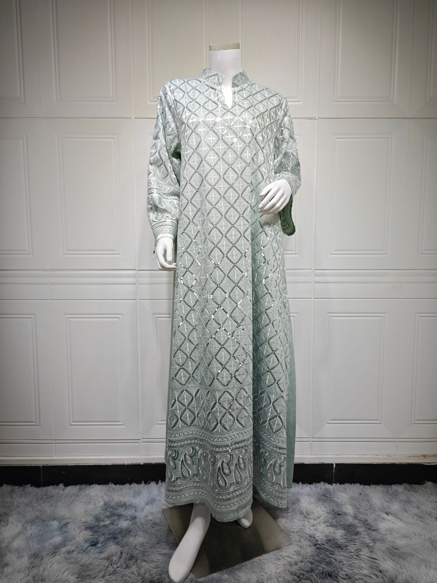 3 Colors Sequin Diamond Embroidery Abaya Women Stand Collar V Notch Flare Sleeve Maxi Kaftan Luxury Modest Long Dress For Eid Ramadan Wedding Party