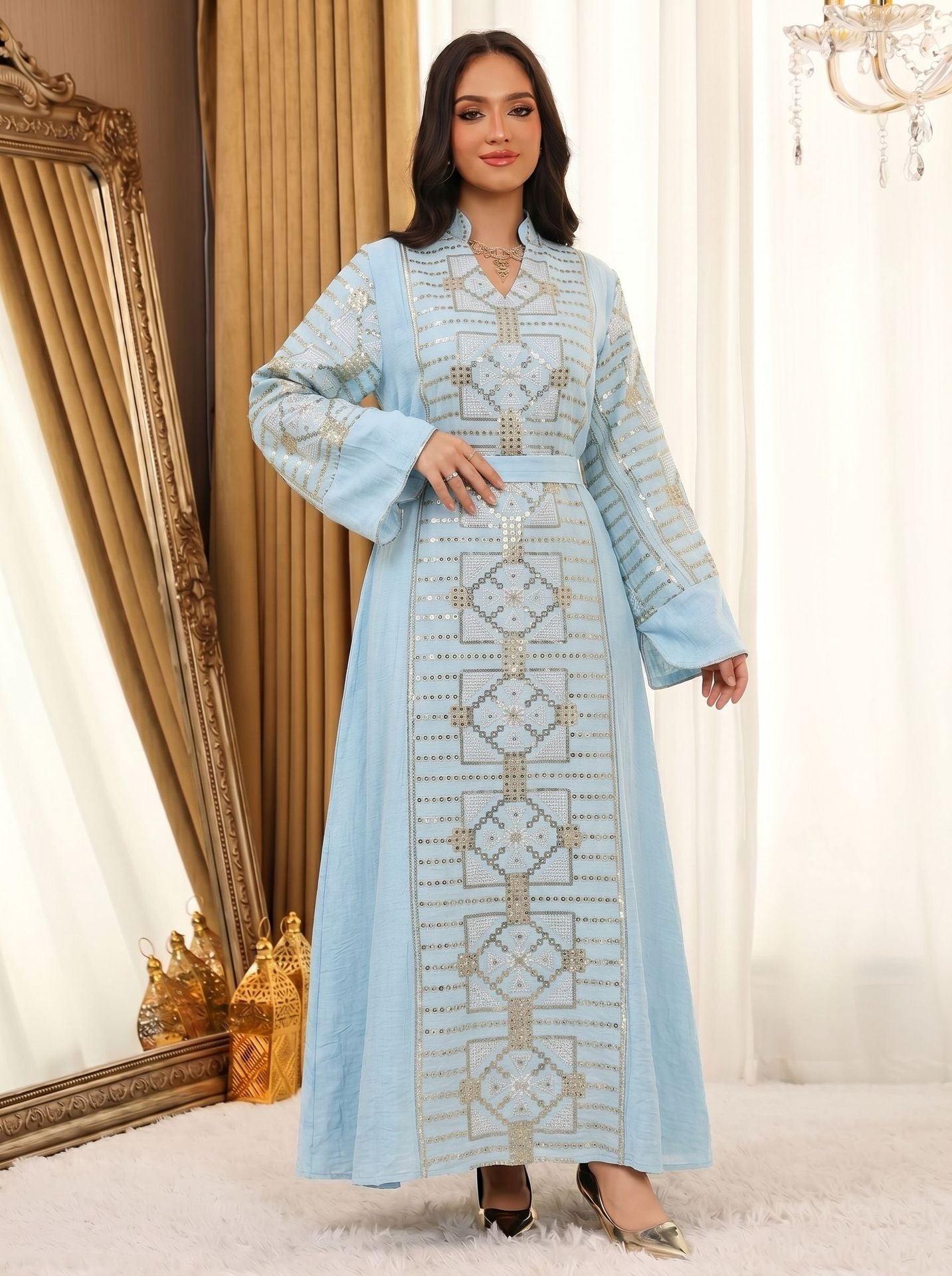 Gold Thread Sequin Embroidered Luxury Gown Jalabiya Modest Long Maxi Evening Dress for Muslim Women Eid Ramadan S-XXL