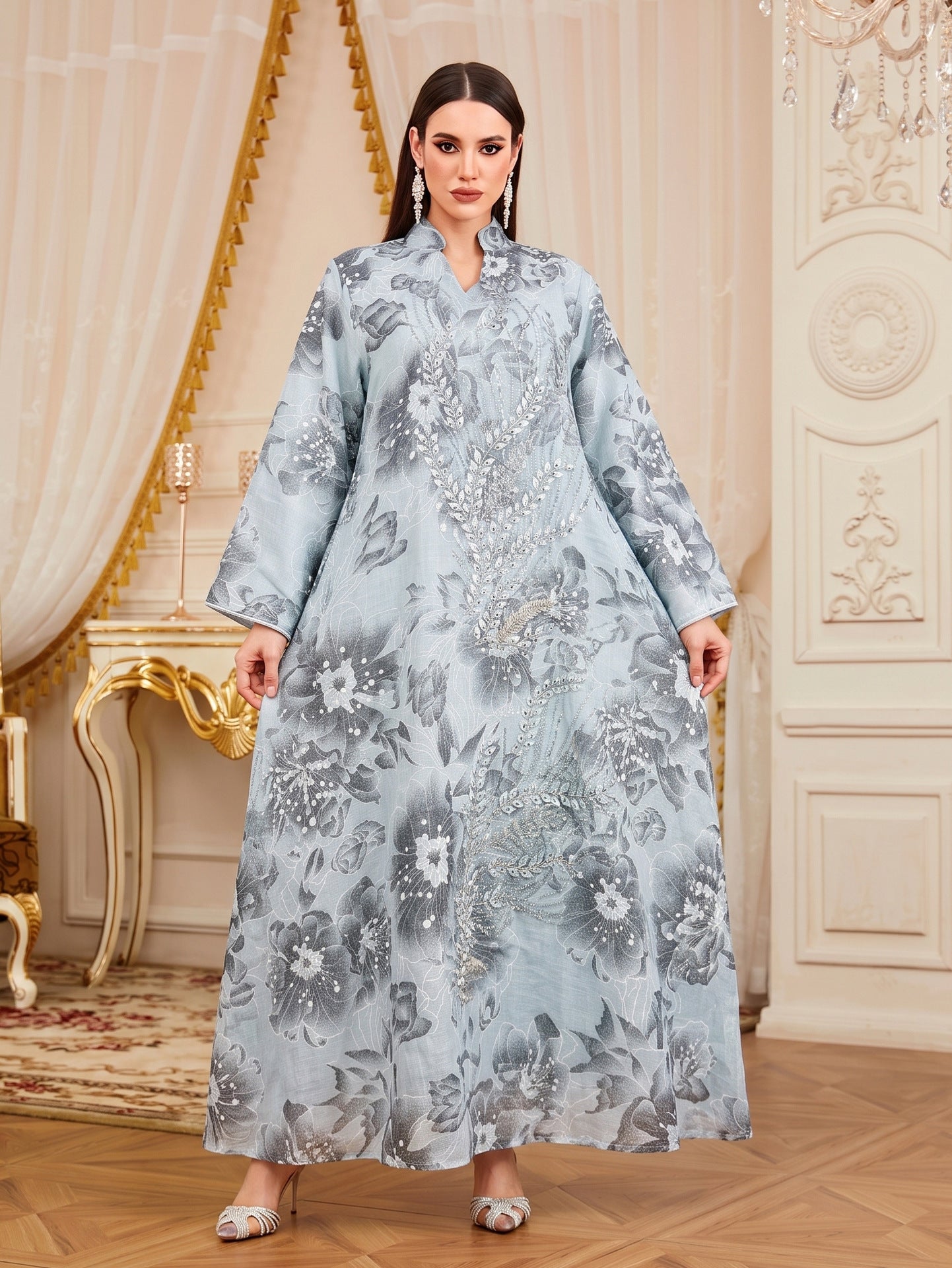 Beaded Sequin Applique Ethnic Pattern Gown Jalabiya Modest Loose Long Maxi Dress for Muslim Women Eid Ramadan M-XXL