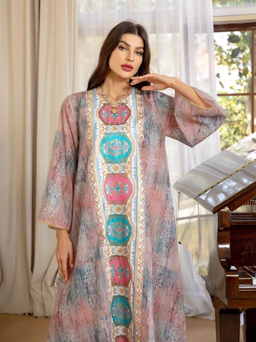 Pink Sequin Embroidered Gown Cover-up Long Maxi Dress Modest Muslim Jalabiya Robe for Women Eid Ramadan