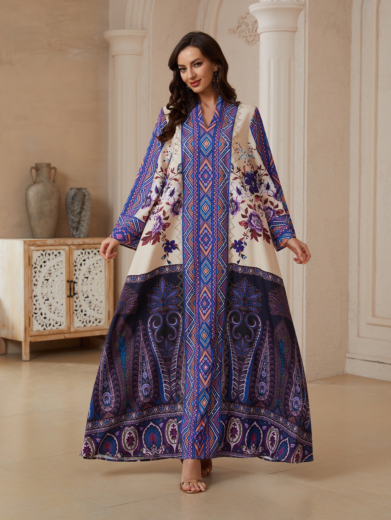 Purple Turkish Print Abaya - Plus Size Rhinestone Modest Robe