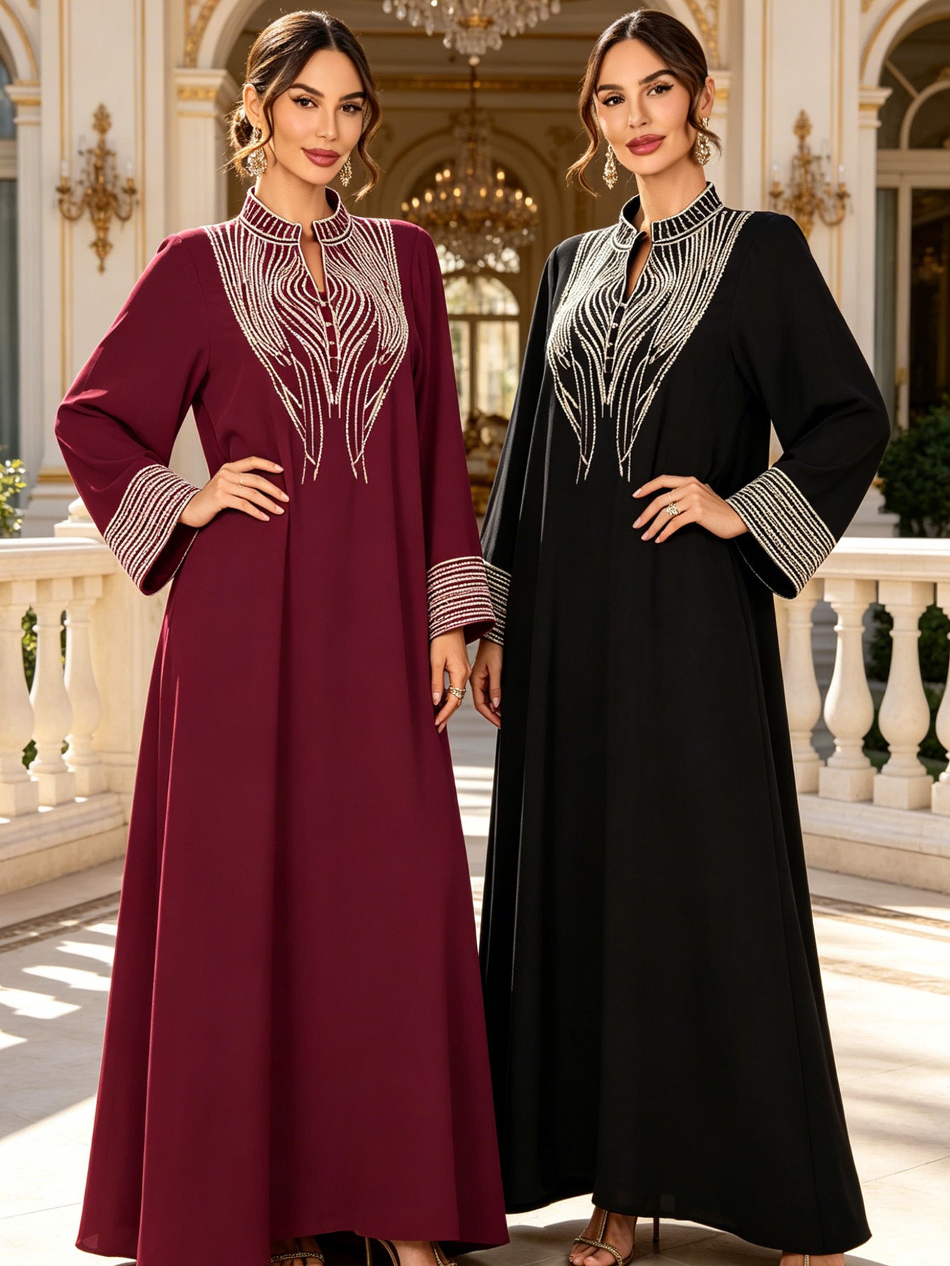 Wine Red and Black Embroidered Pullover V-Neck Maxi Abaya Dress