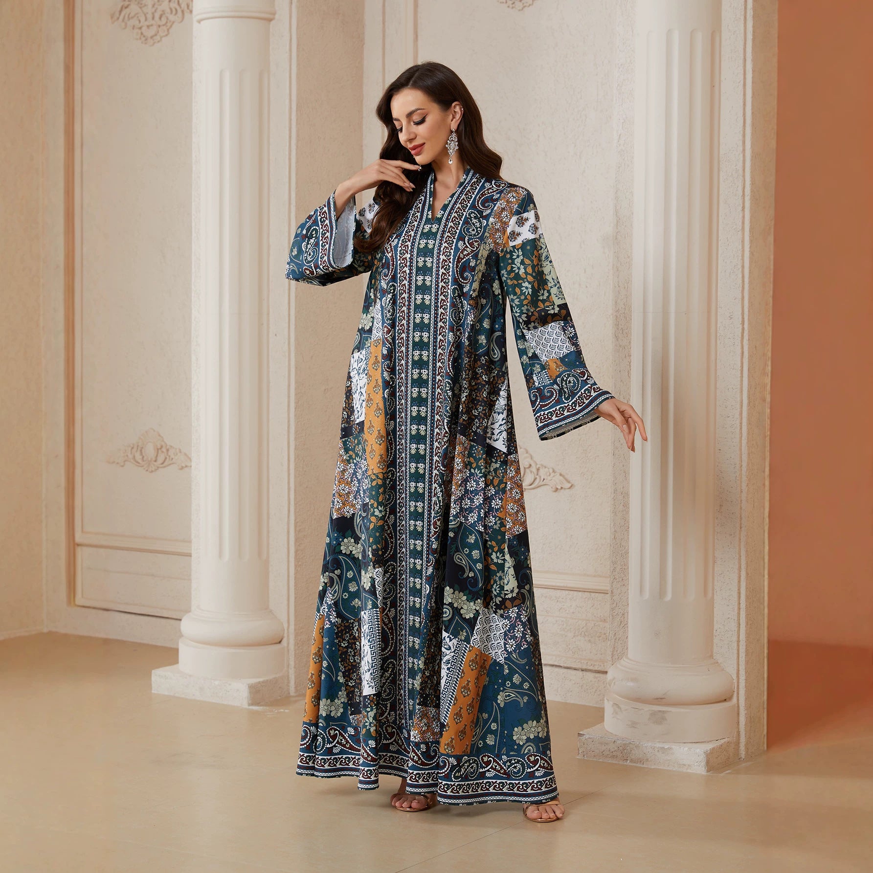 Floral Rhinestone Printed Jalabiya - Casual Modest Long Dress
