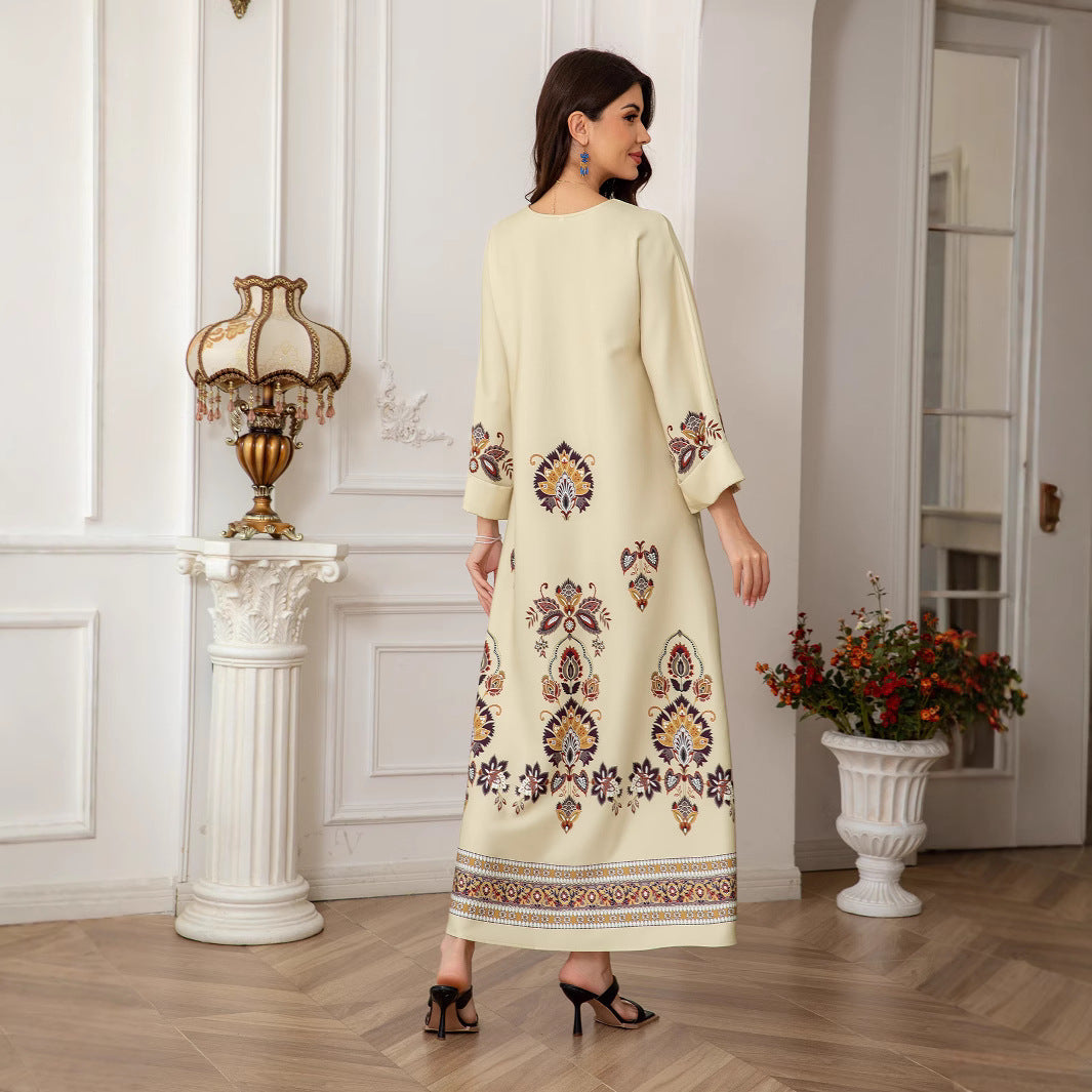 Apricot Floral Print Embroidered Rhinestone Maxi Abaya Dress