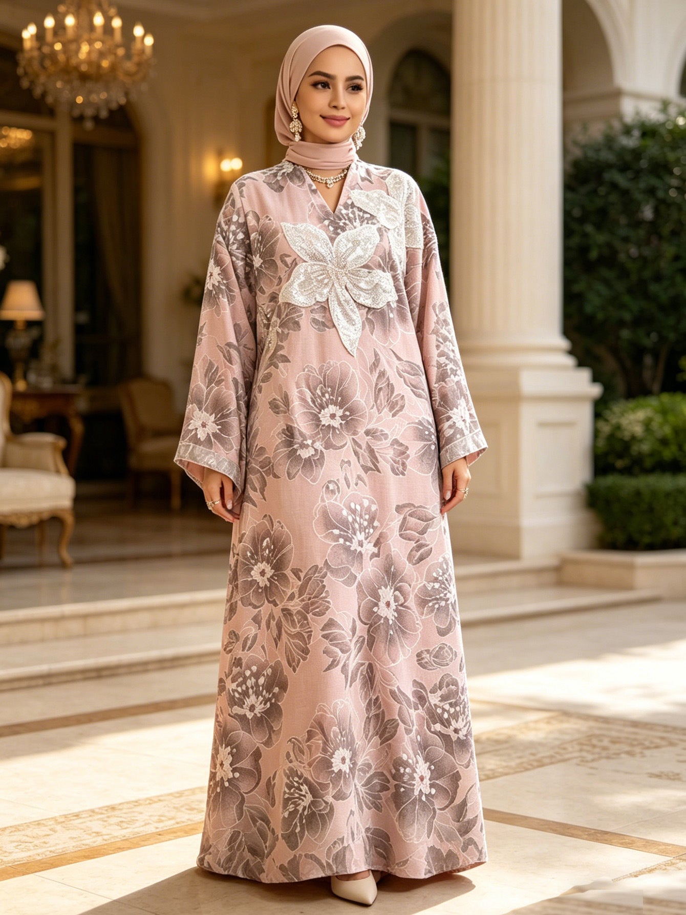 Yellow Pink Heavy Rhinestone Floral Embroidered Gown Batwing Sleeve Jalabiya Modest Long Maxi Dress for Muslim Women Eid Ramadan