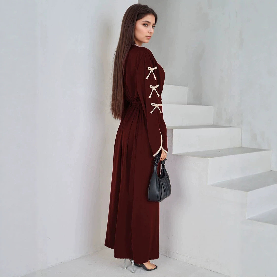 Wine Red Trim Long Open Cardigan Maxi Abaya with Belted Sleeves