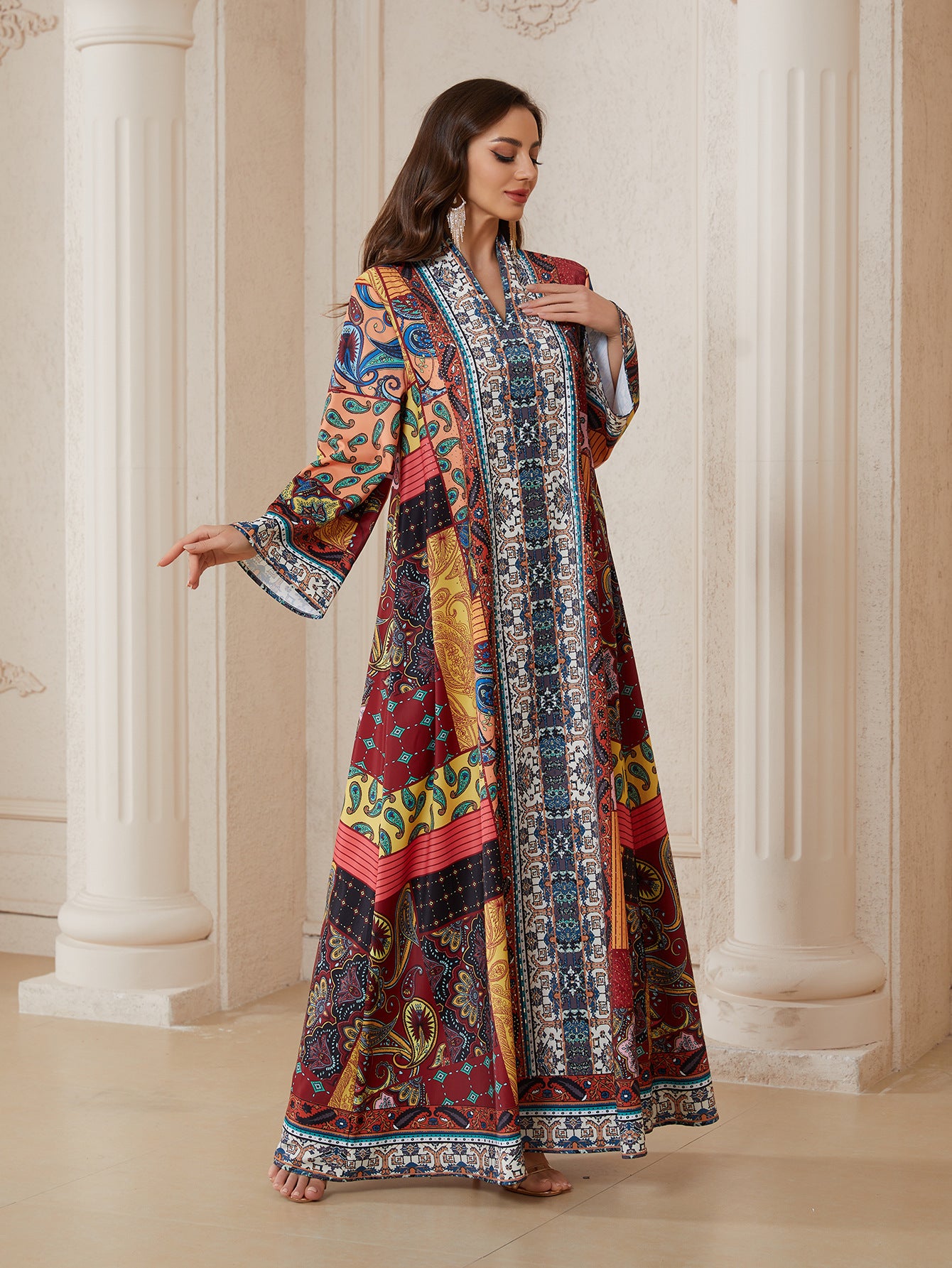 Floral Print Rhinestone Ethnic Abaya Robe - Modest Muslim Dress