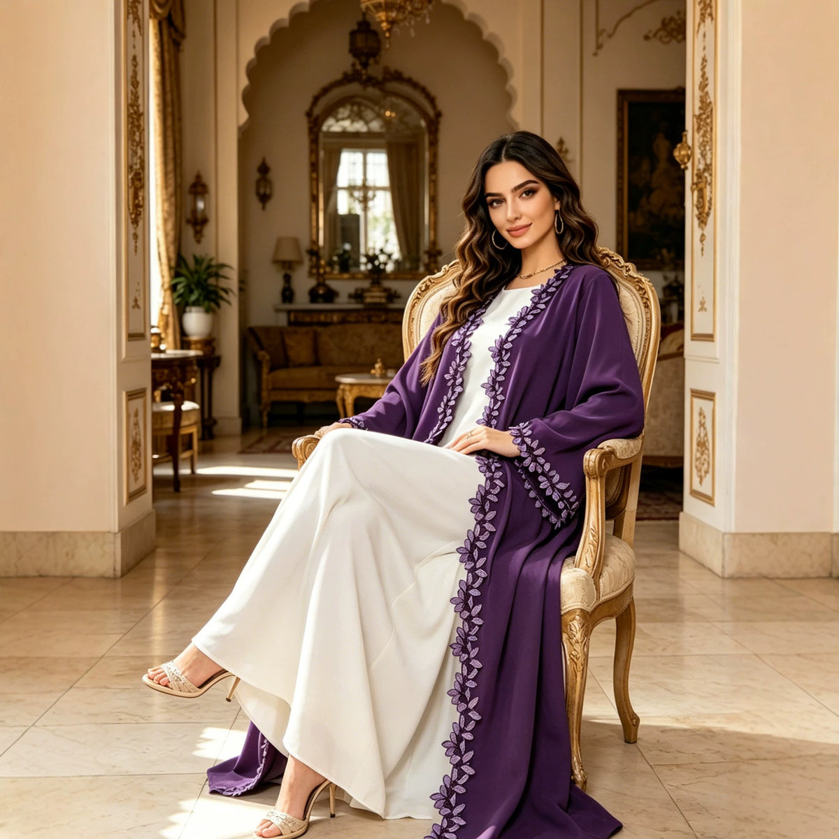 Delicate Lace Trim Embroidered Open Front Abaya Cardigan Modest Long Maxi Gown for Muslim Women Festive Banquet Party - 216