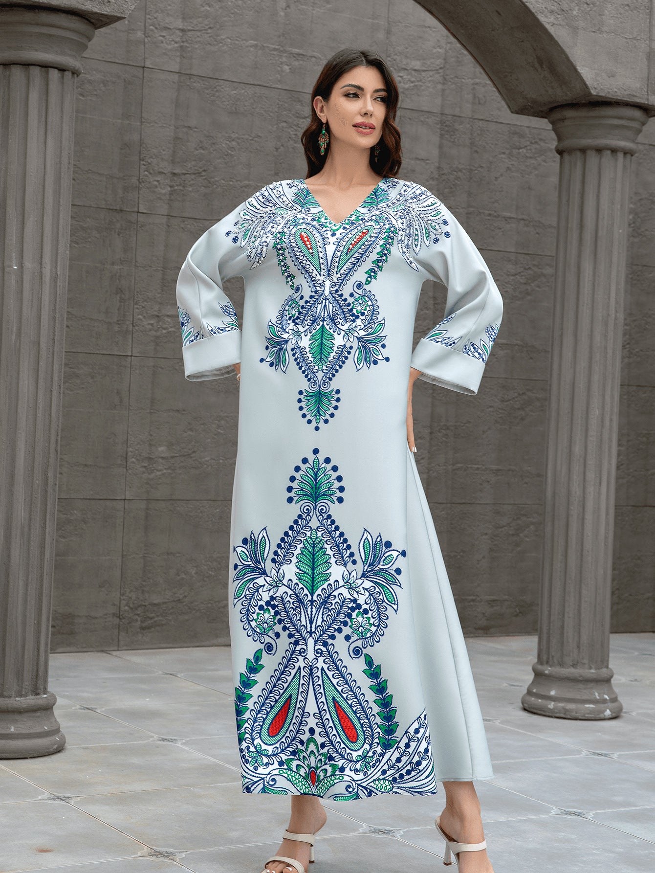 Light Blue Floral Print Rhinestone Embroidered Maxi Abaya Dress