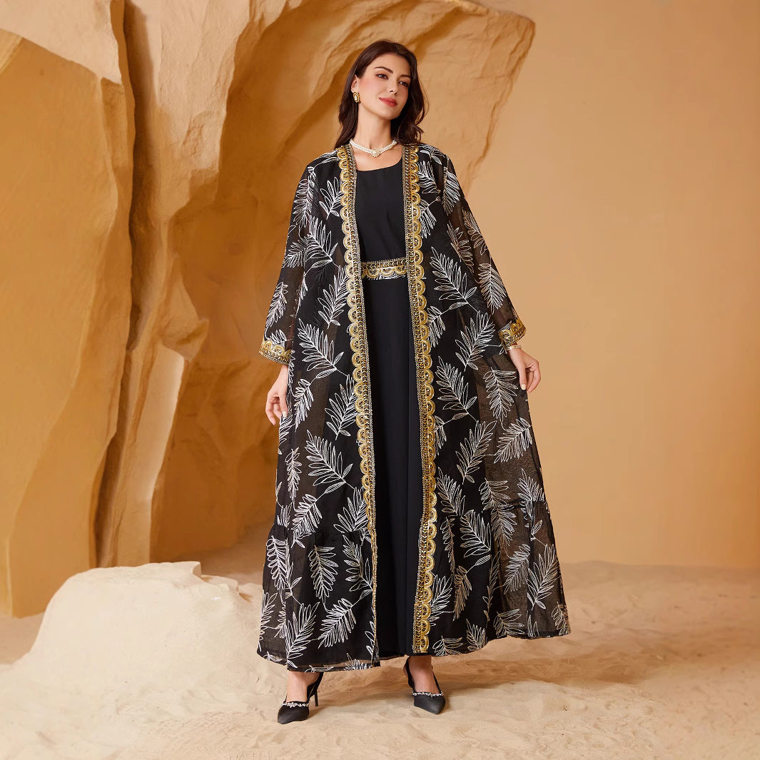 Women 2 Piece Black White Palm Leaf Print Sheer Chiffon Open Kimono Robe Luxury Gold Lace Border Embroidery Cuff Matching Belt Solid Black Inner Maxi Dress Gulf Layering Dubai Abaya Set For Eid Al Fitr Ramadan Nikkah Wedding Banquet