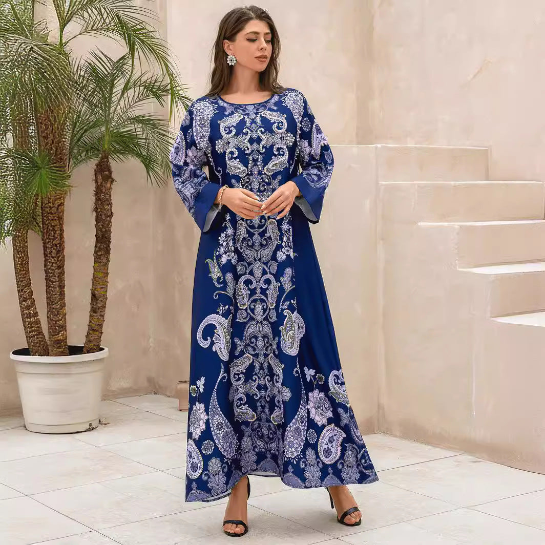 Navy Rhinestone Party Abaya - Printed Evening Robe Plus Size