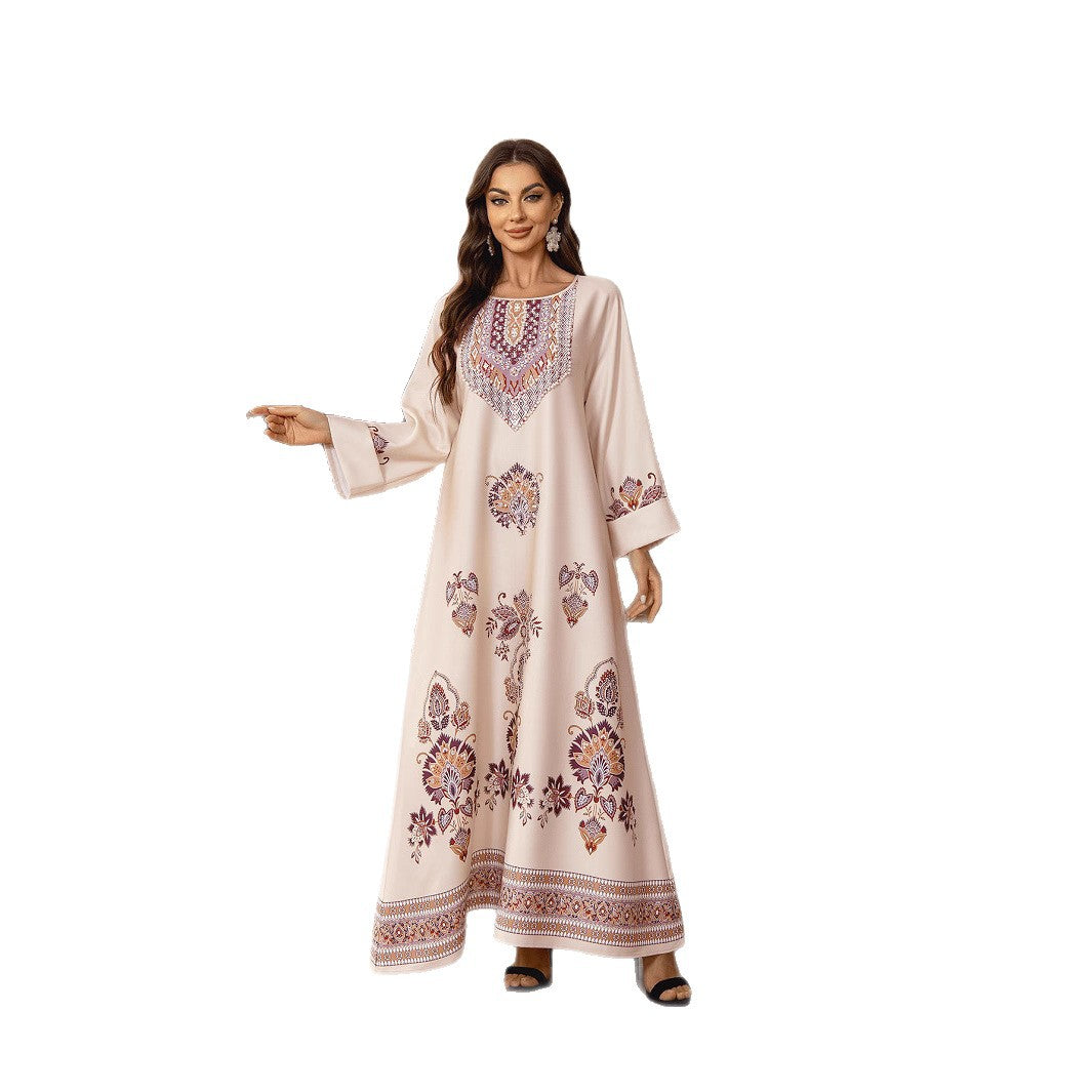 Elegant Khaki Brown & Nude Two-Tone Printed Round Neck A-Line Kaftan Abaya with Rhinestone Beaded Jalabiya Modest Maxi Dress for Muslim Women Eid Ramadan Daily Wear Loose Floor Length Long Robe S-XXL