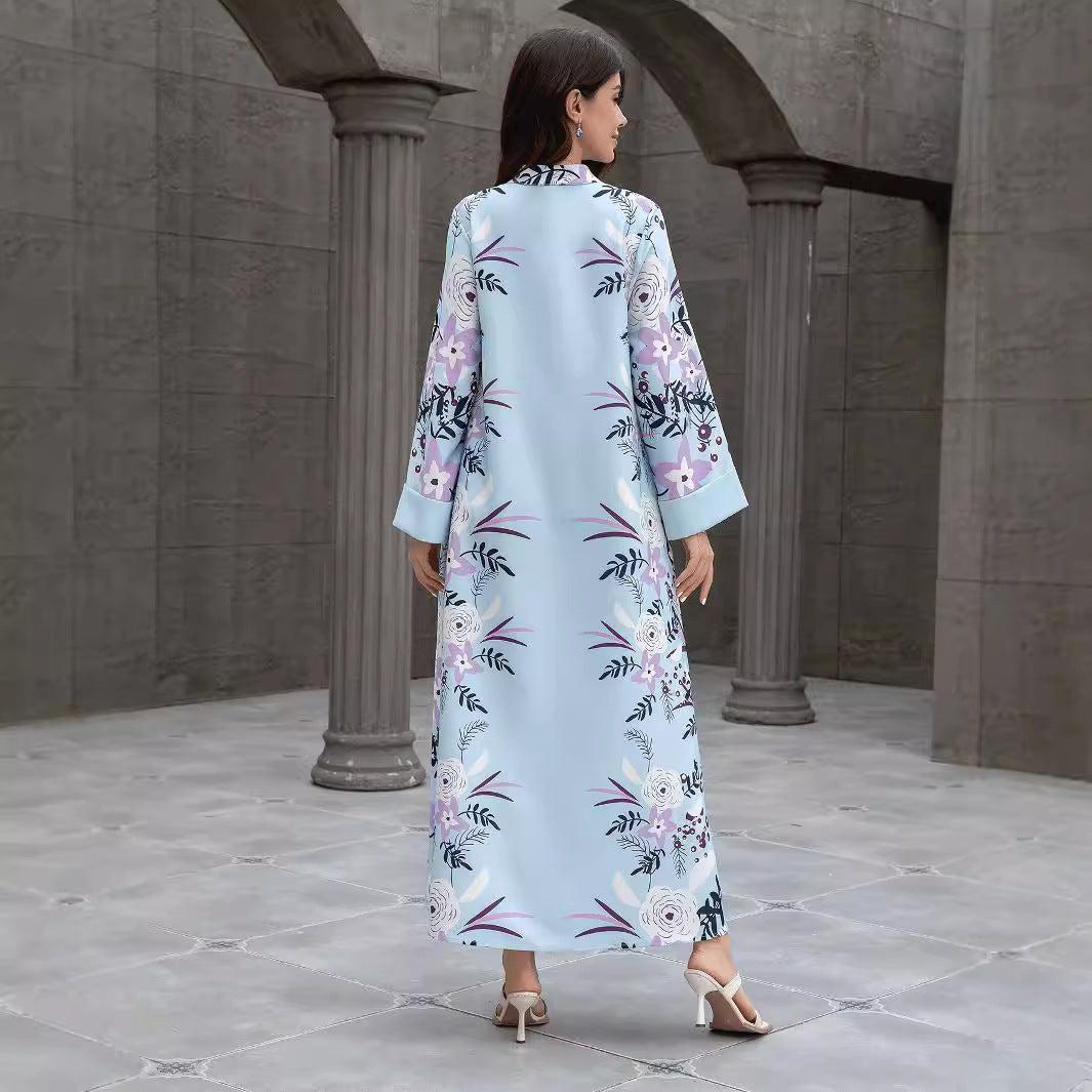 Light Blue Floral Print Modest Jalabiya Abaya Dress - Plus Size Maxi