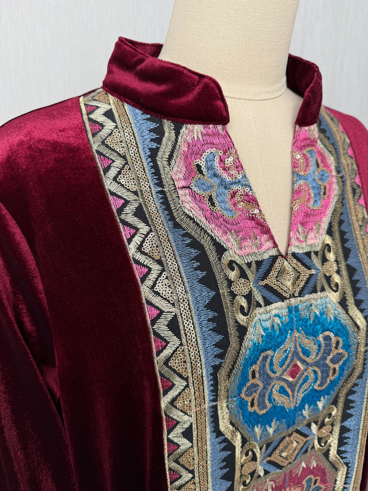 Wine Red Dark Green Black Velvet Embroidered Stand Collar Long Sleeve Gown Maxi Dress Modest Muslim Banquet